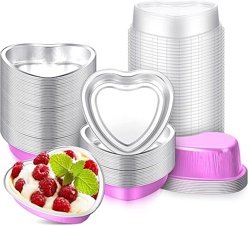 Juego de 50 moldes para tartas con forma de corazón de 9 onzas para el día de San Valentín de 54 pulgadas de papel de aluminio con tapas desechables