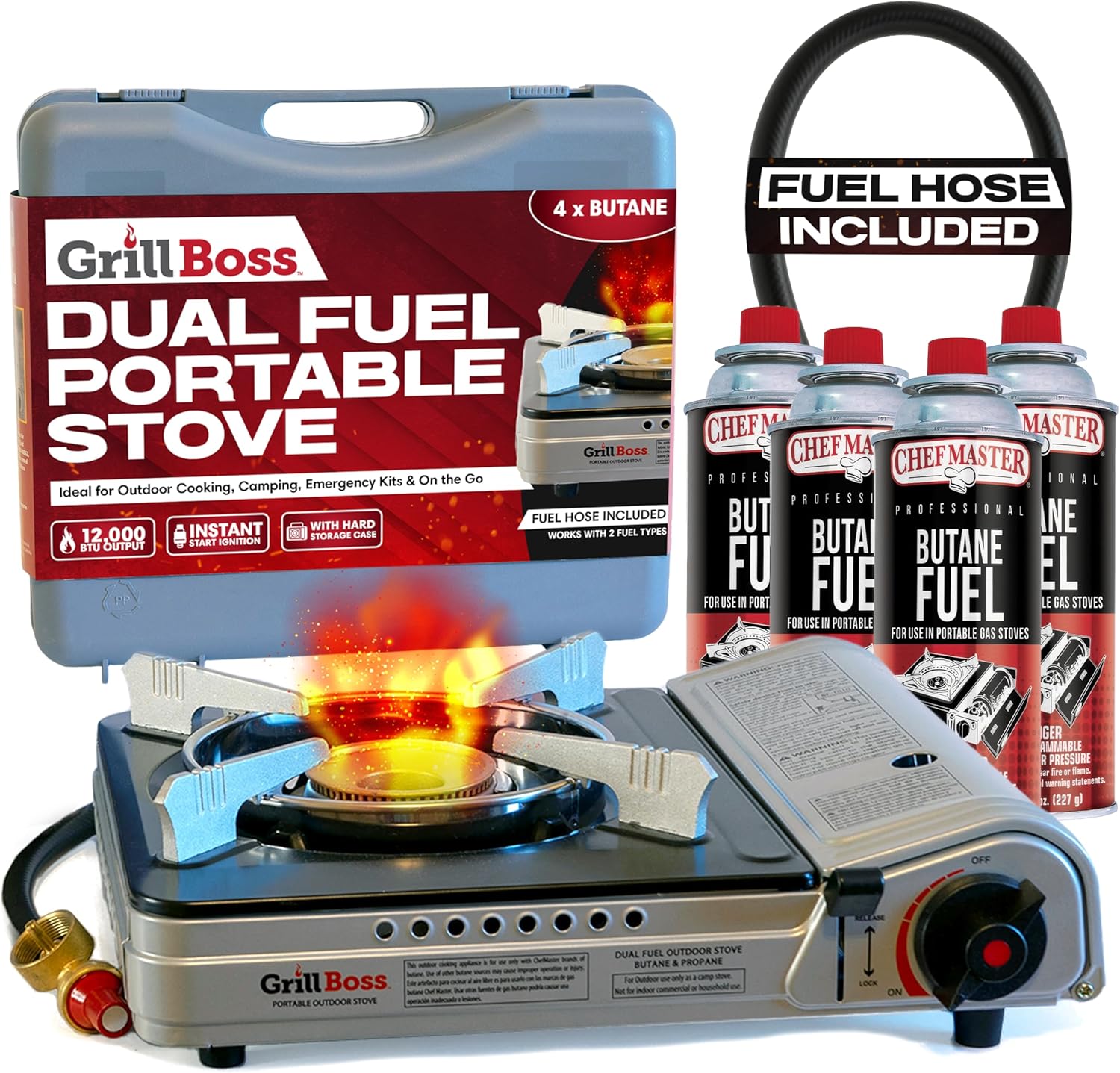 Dual Fuel Portable Stove Combo, Dual Fuel Butane & Propane Stove, 12K BTU Portable Camping Stoves w/ 4 x 8 oz. Butane Tin Canister for Camping, Emergencies & Outdoor Cooking, Grill by Grill Boss 90057 Dual Fuel Portable Stove Combo, Dual Fuel Butane & Propane Stove, 12K BTU Portable Camping Stoves w/ 4 x 8 oz. Butane Tin Canister for Camping, Emergencies & Outdoor Cooking, Grill by Grill Boss 90057