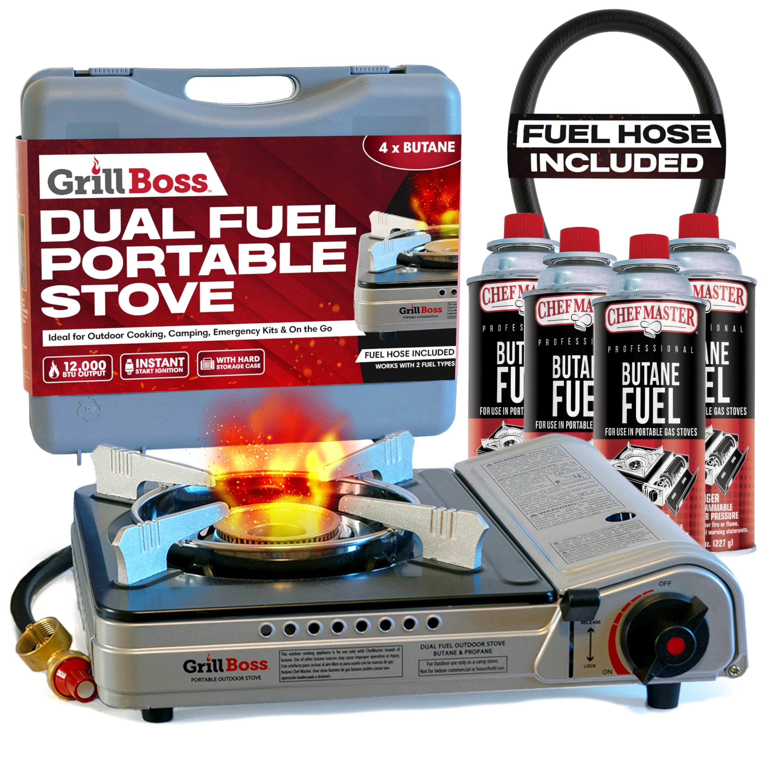 Dual Fuel Portable Stove Combo, Dual Fuel Butane & Propane Stove, 12K BTU Portable Camping Stoves w/ 4 x 8 oz. Butane Tin Canister for Camping, Emergencies & Outdoor Cooking, Grill by Grill Boss 90057