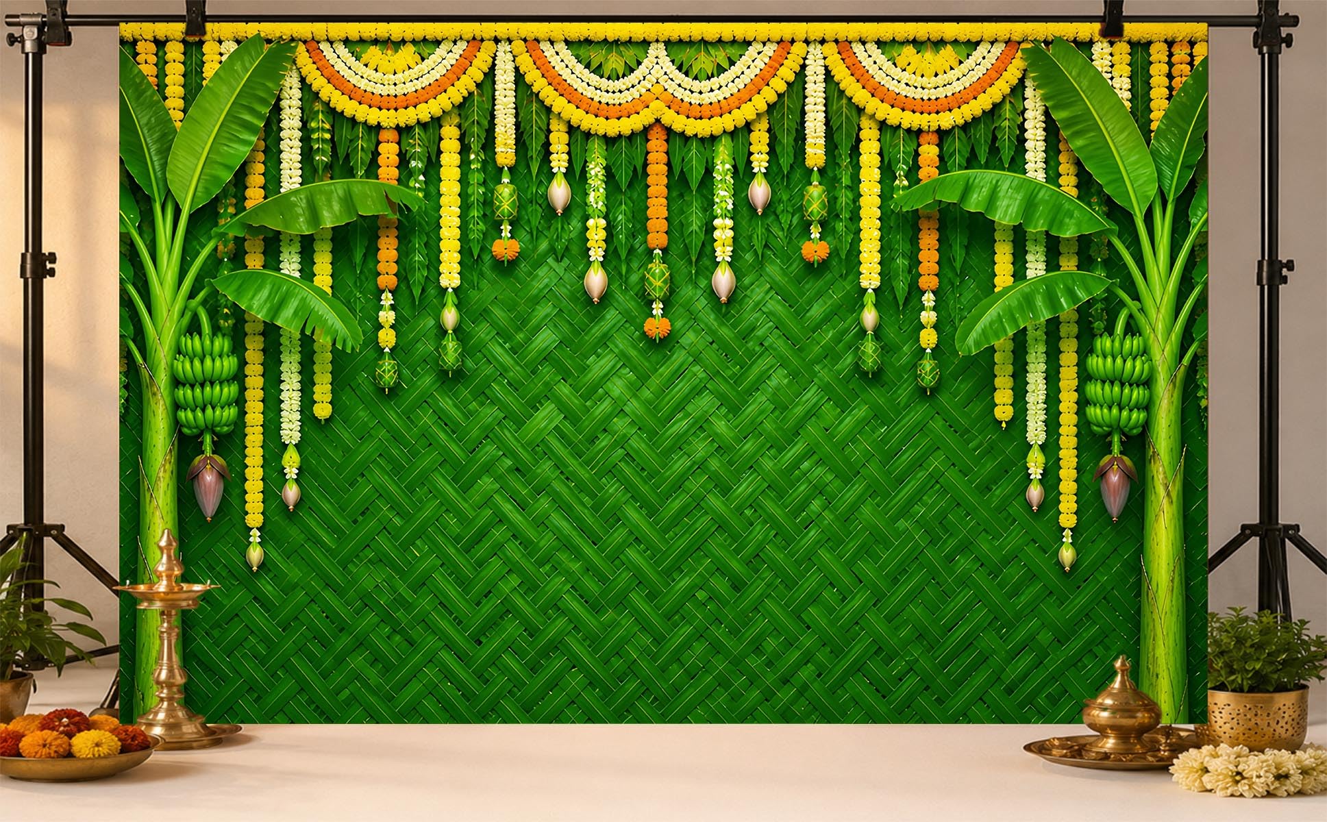 Banana Leaf Wall Backdrop 8 x 5 Feet | Tropical Green Pooja Banner | Banana Tree, Marigold Garland & Palm Leaf Decoration for Wedding, Griha Pravesh, Annaprashan & Home Temple-image-12