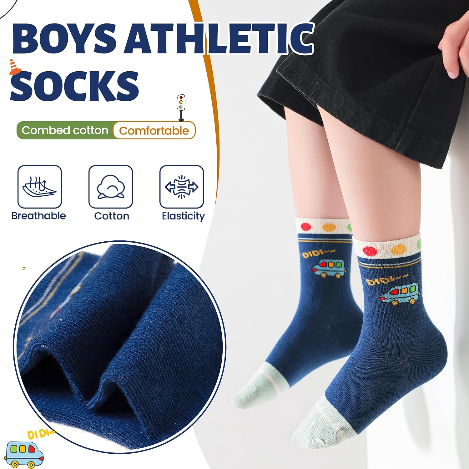 Eocom Baby Boys Socks Kids Toddlers Funny Cartoon Car Dinosaur Crew Breathable Cotton Gift Socks 10 Pairs image 4