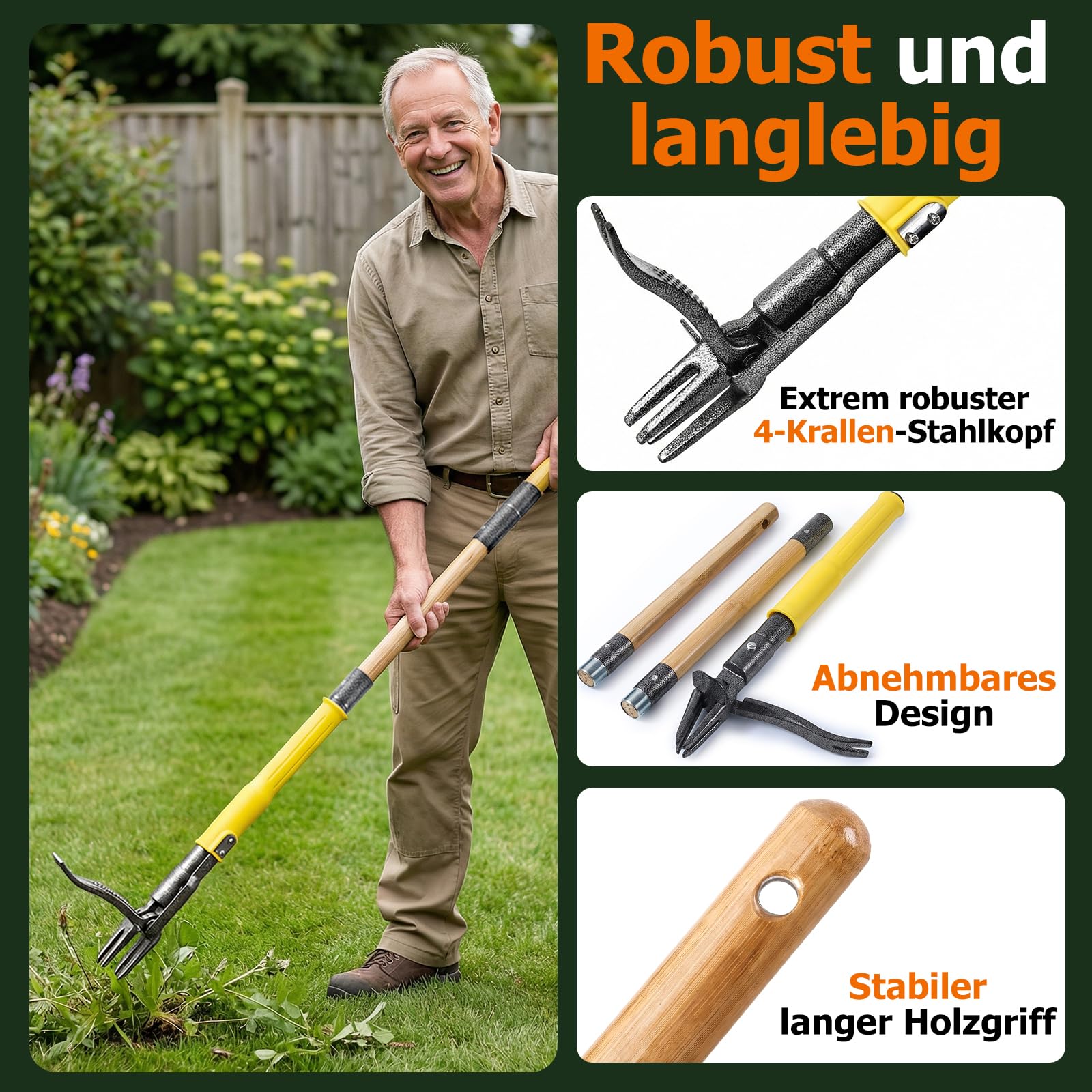 Unkrautstecher mit langem Stiel und Auswurfmechanismus – Stand-Up Unkrautentferner mit verstärktem Stahl und 3-teiligem Holzgriff – Schonendes und effektives Gartengerät für Löwenzahn und Disteln