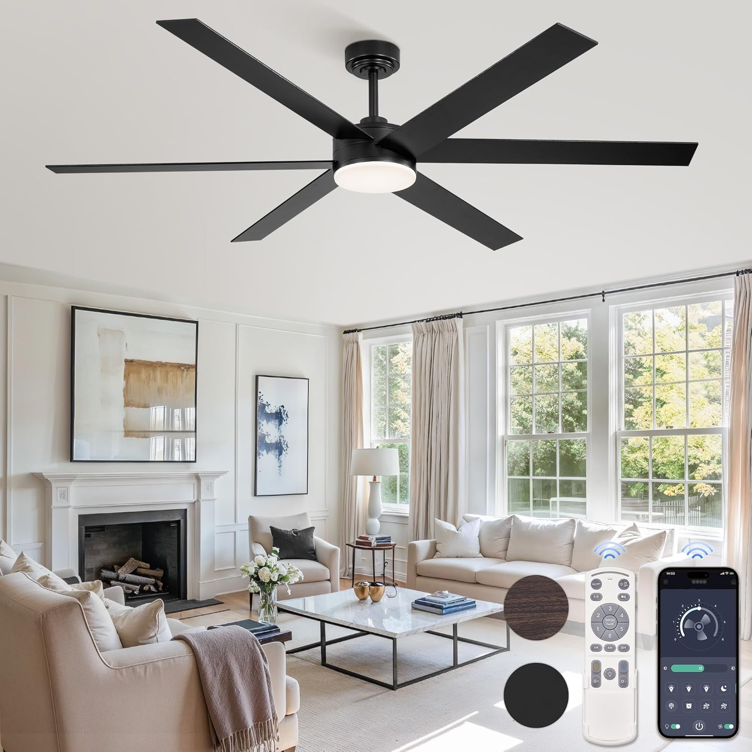 Fanbulous 66 Inch Ceiling Fans with Lights and Remote, Reversible 6 Blades, Dimmable, 3000K-6000K Adjustable, Outdoor Ceiling Fans for Patios, Large Ceiling Fan for Indoor or Covered Outdoor, Black Black 66 Inch