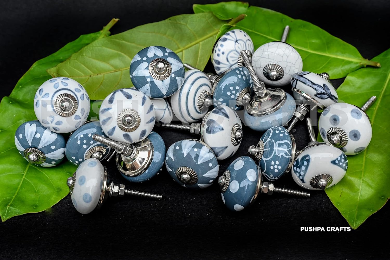 10 x Hand Painted Ceramic Cupboard Knobs - Grey/White