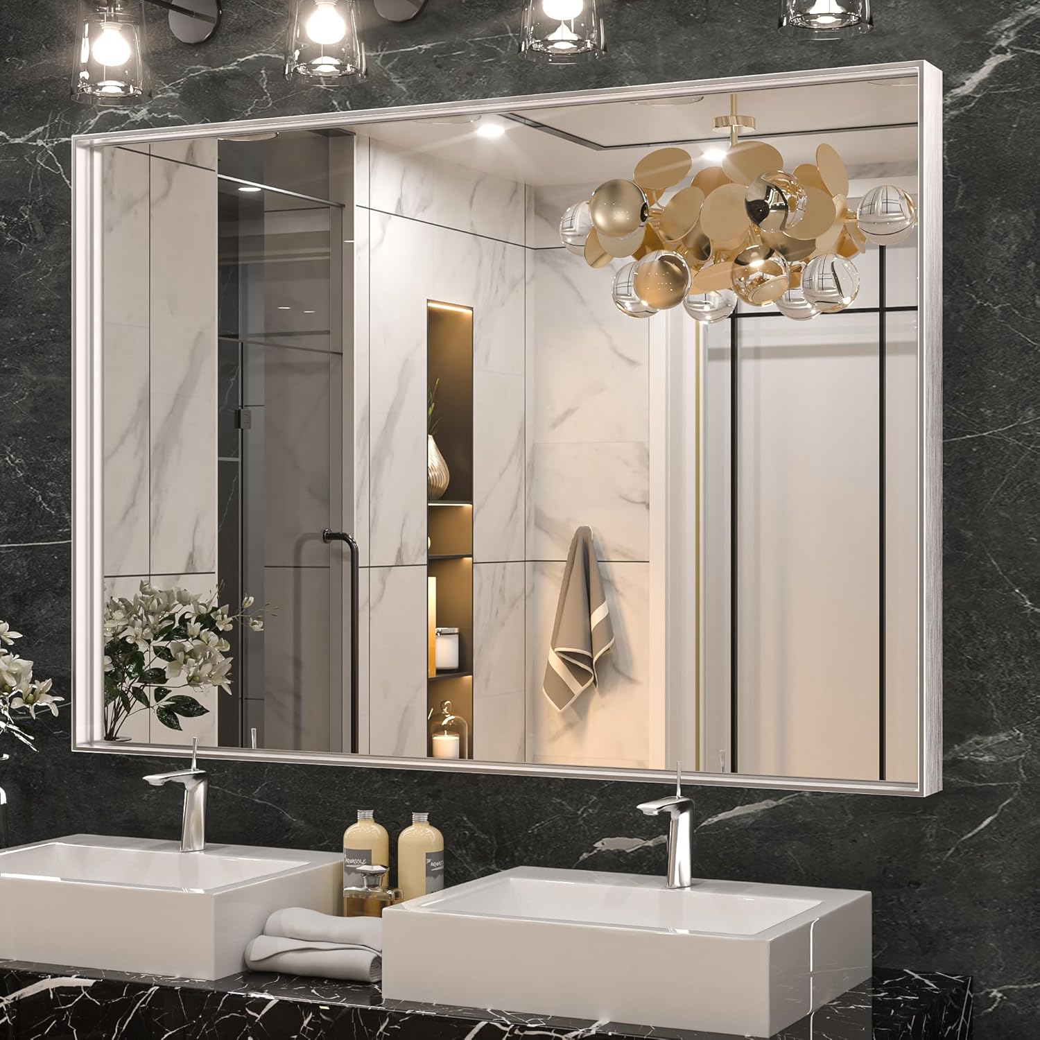 Keonjinn Silver Bathroom Mirror 40 x 30 Inch Rectangular