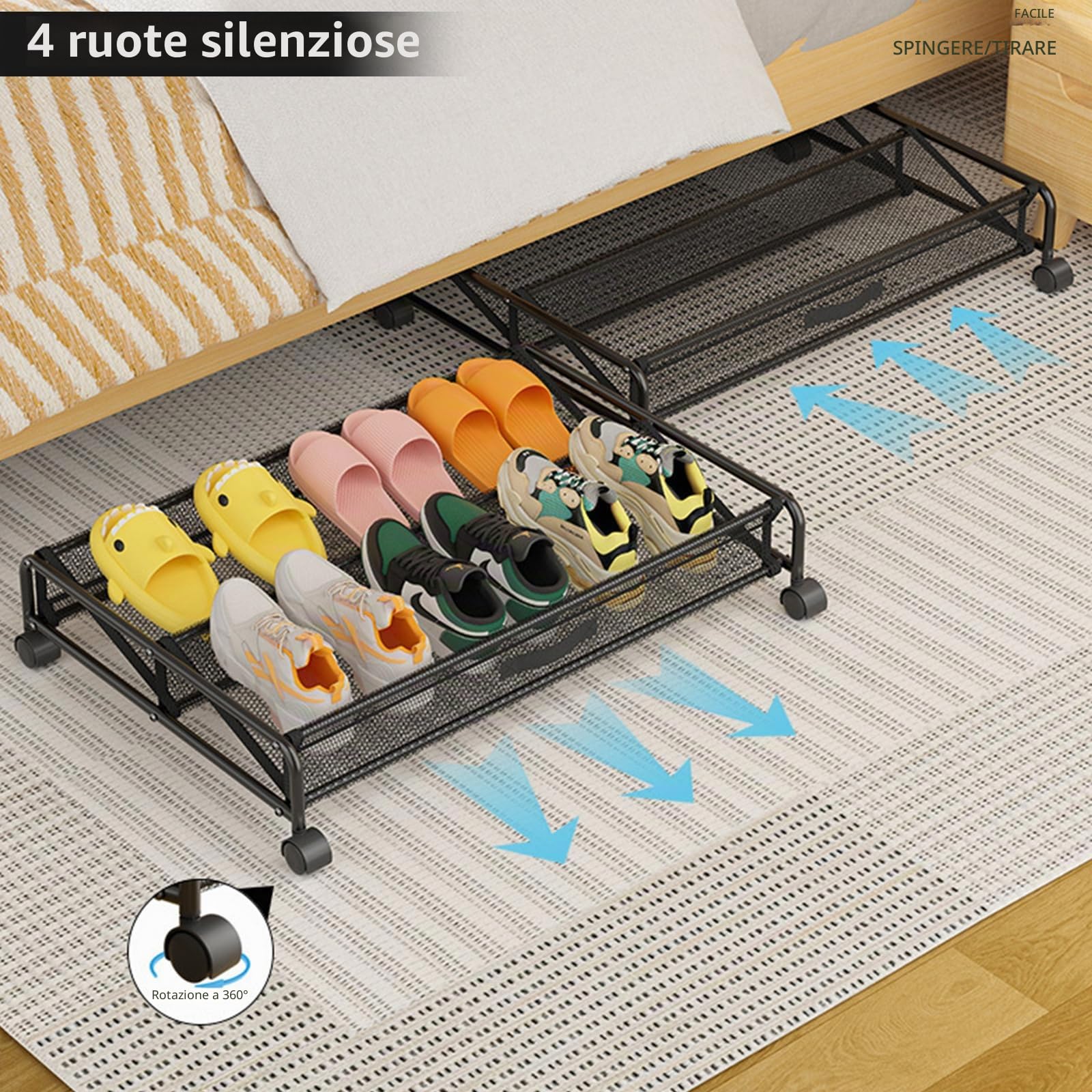 Cassettiera sotto il letto con ruote, 89L per scarpe e vestiti, telaio in metallo con ruote