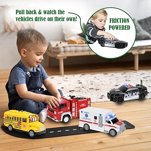 Miniatura 3 de Paquete de 4 ambulancia, camión de bomberos, autobús escolar, coche de policía, juguete de vehículos de juguete para niños pequeños  Alimentado por