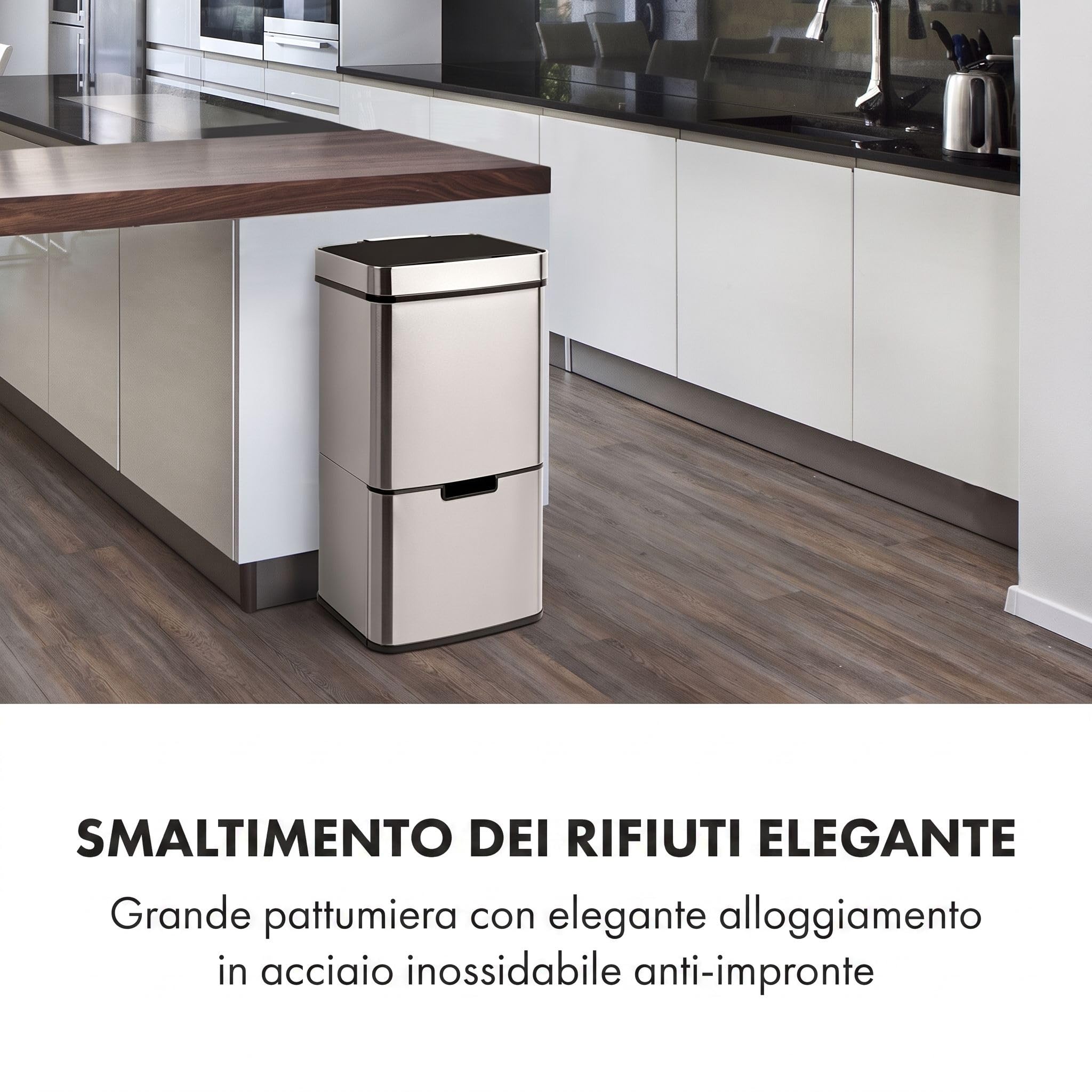 KLARSTEIN Touchless pattumiera a sensore, 72 litri in 4 contenitori: 43 & 2 x 12,5 litri, secchio bio con coperchio: 4 apertura e chiusura automatiche senza contatto, argento
