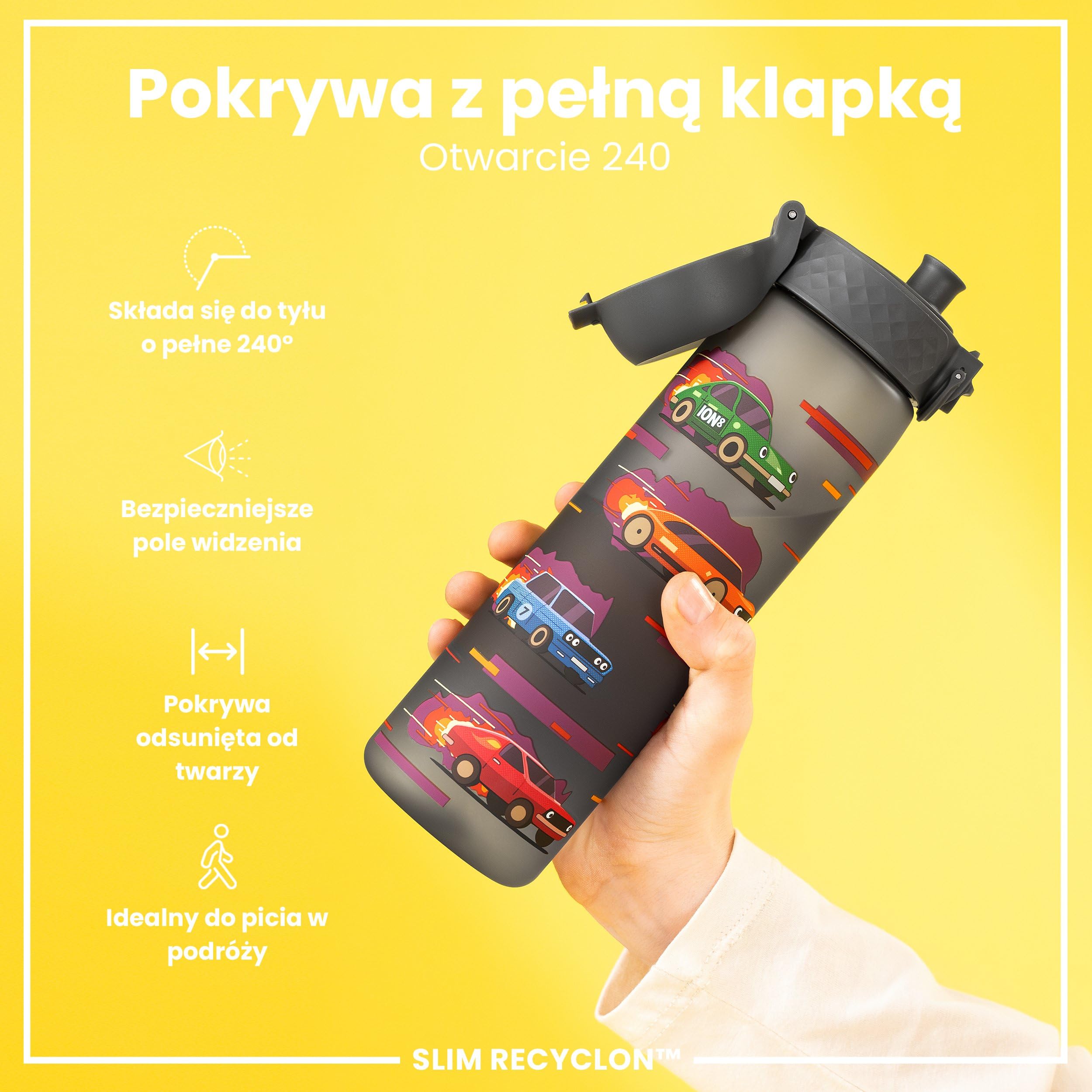 ION8 Butelka na Wodę, 500 ml/18 oz, Szczelna, Łatwe Otwieranie, Bezpieczny Zamek, Można Myć w Zmywarce, Bez BPA, Higieniczne Pokrycie, Uchwyt do Przenoszenia, Łatwa Czyszczenie, Samochody Sportowe