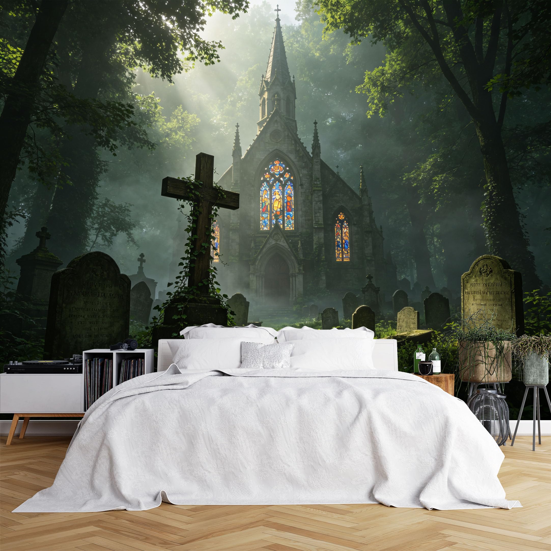 Lcythiazole Ch260615185 Custom Size Wall Murals Foggy Forest Abandoned Church Graveyard Gothic Scene Wall Stickers Self-Adhesive Wall Fabric (No Pvc) Removable Wallpaper For Halloween Room