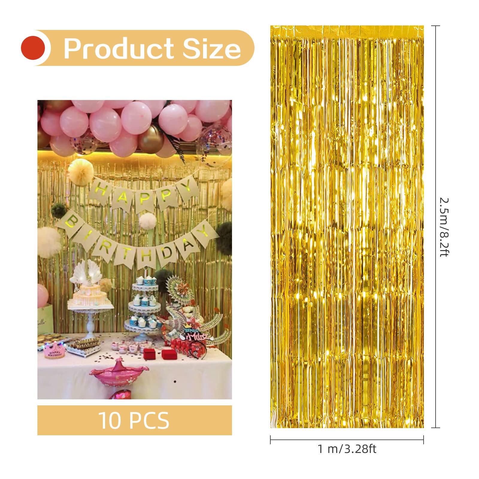 Lot de 10 rideaux de fond métalliques à franges en feuille d'aluminium pour décoration de fête d'anniversaire, fête prénatale, fiançailles, mariage, Noël (doré) 1 x 2,5 m