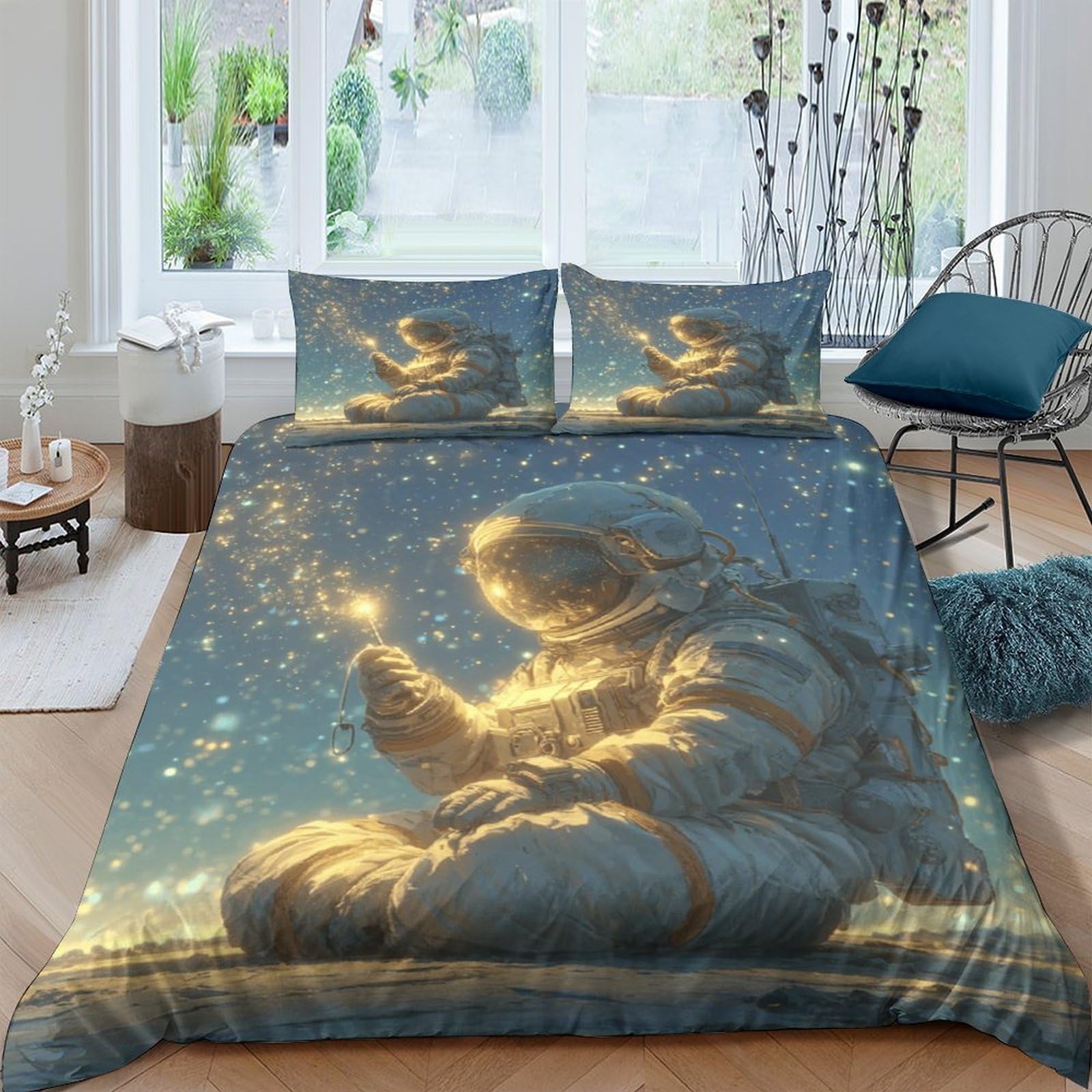 GPLZQXKJNH 3D Printed Astronaut Galaxy Duvet Cover Set Microfiber Soft Breathable Cosmic Universe Bedding with 2 Pillowcases for Bedroom Decor Single（135x200cm）