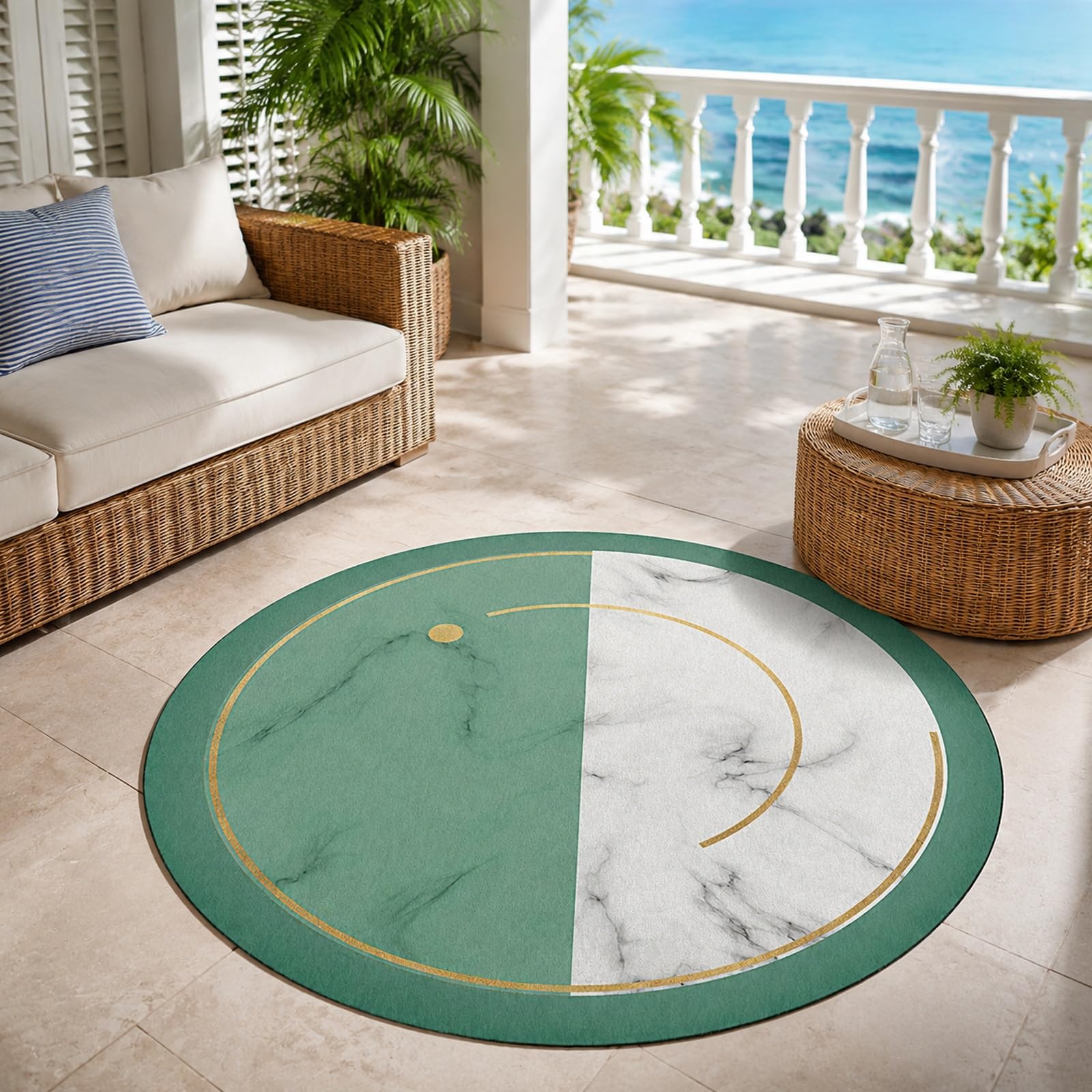 Tapis rond géométrique moderne vert blanc jaune 170 cm tapis art déco
