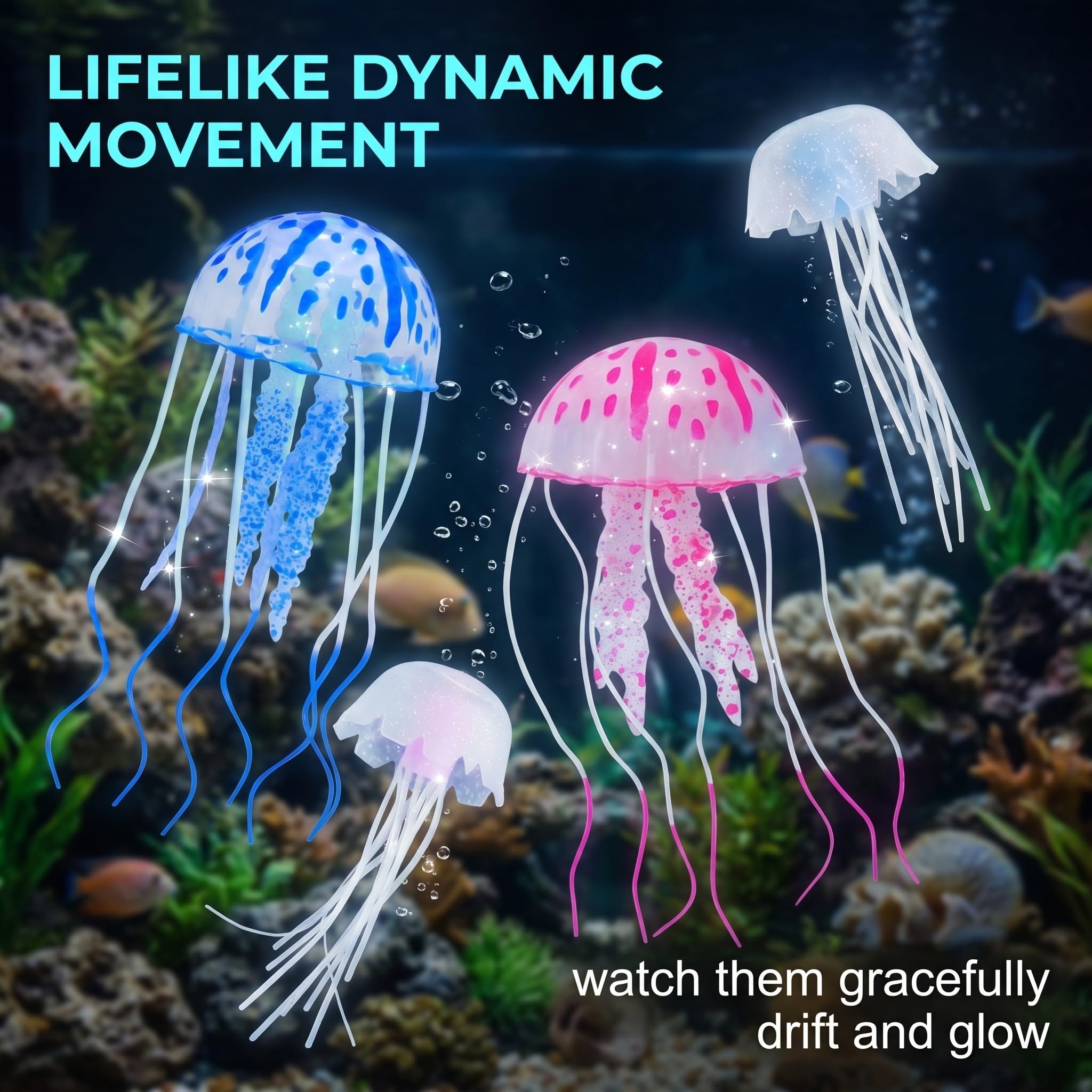 Meduse Artificiali per Acquario, Decorazioni Fluorescenti in Silicone Morbido, 4 Pezzi 2 Medie e 2 Piccole