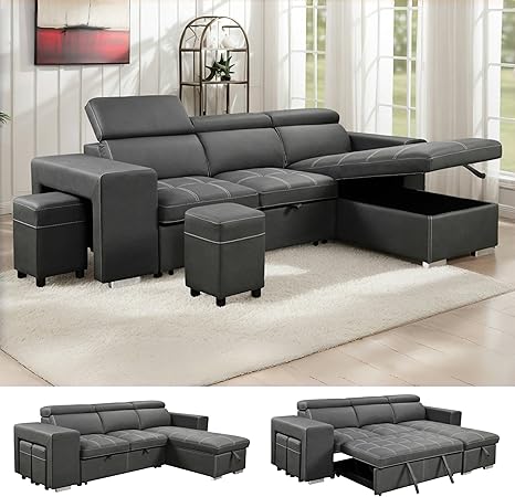 THSUPER 102'' Microfiber L Shaped Sectional Sleeper Sofa Couch with Pullout Bed and Storage Chaise, Convertible Couches with Adjustable Headrest for Living Room, Reversible Chaise. Charcoal Grey