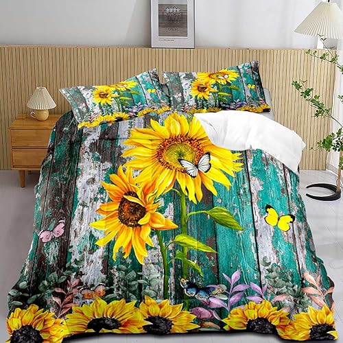 Miniatura 8 de LUVIVIHOME Juego de edredón floral verde azulado, tamaño Queen, juego de ropa de cama de dalia turquesa y margarita blanca, margarita azul y