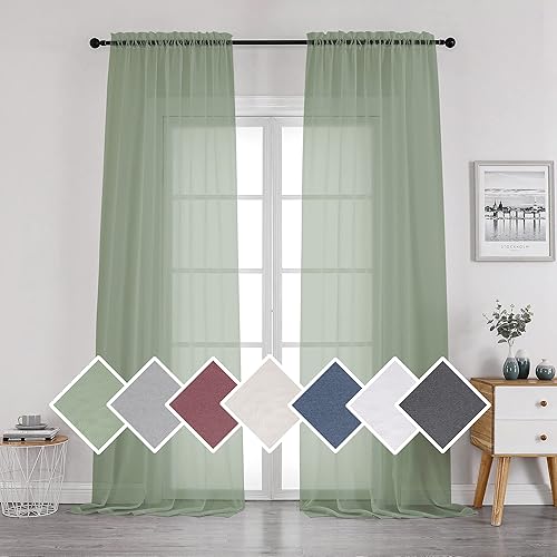 OVZME 2 Pieces Bedroom Curtains 96" Length for Farmhouse, Voile Drapes Light Airy Window Decor for Patio Door Living Room Bedroom Dining, Sage Green, Each W42 X L96 inches, 1 Pair