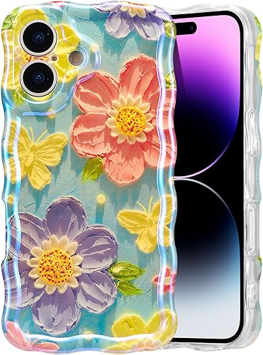 Miniatura 15 de EYZUTAK - Funda protectora de TPU para iPhone 12 Pro, estilo retro colorido, diseño láser brillante de pintura al óleo, estampado floral, borde Azul