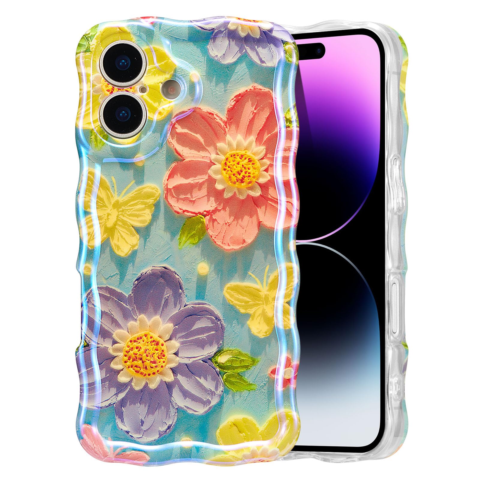 EYZUTAK Case for iPhone 15, Colorful Retro Oil Painting Flower Laser Beam Glossy Pattern Cute Curly Waves Border Exquisite Phone Cover Stylish Durable Soft TPU Protective Case for Girls Women - Green — view 70