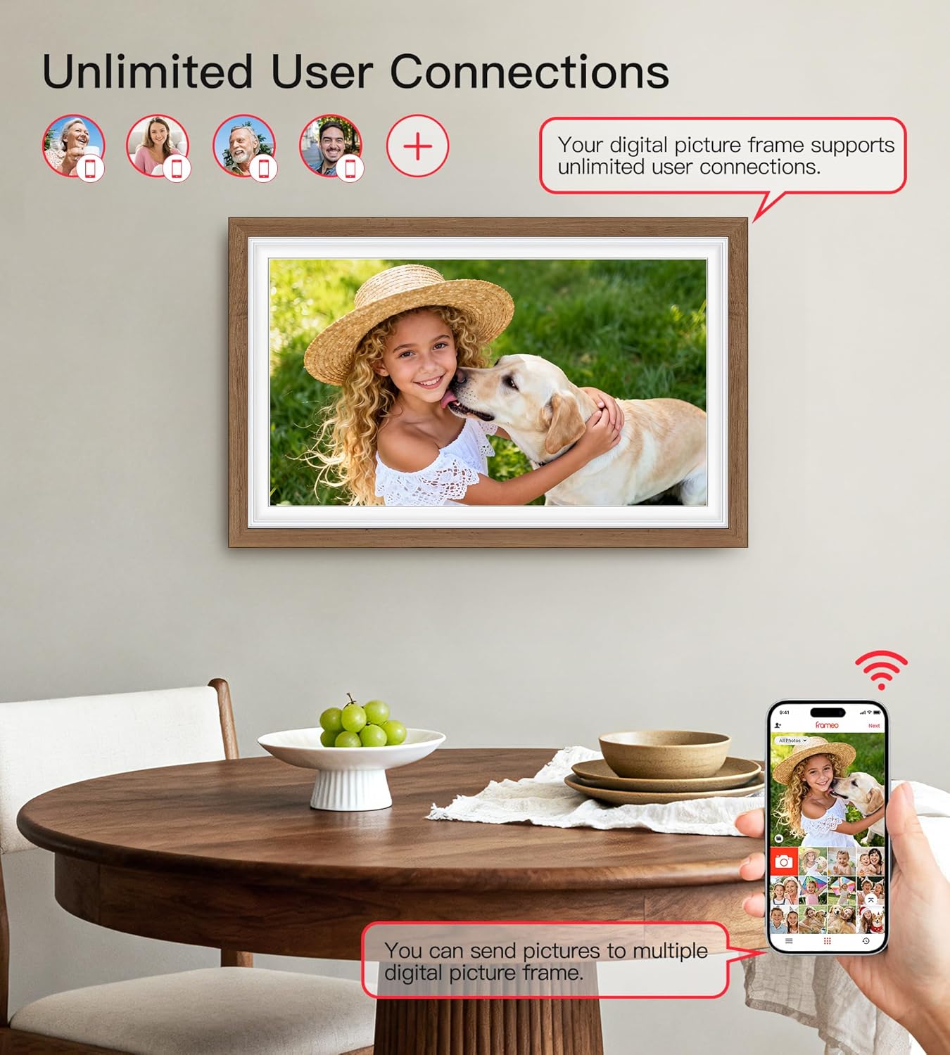 BIGASUO Digital Picture Frame 15.6" Frameo 64GB Large WiFi Electronic Photo Frames 1920x1080 IPS FHD Touch Screen Share Moments Instantly Anywhere Best Gifts for Parents and Grandparents Solid Walnut