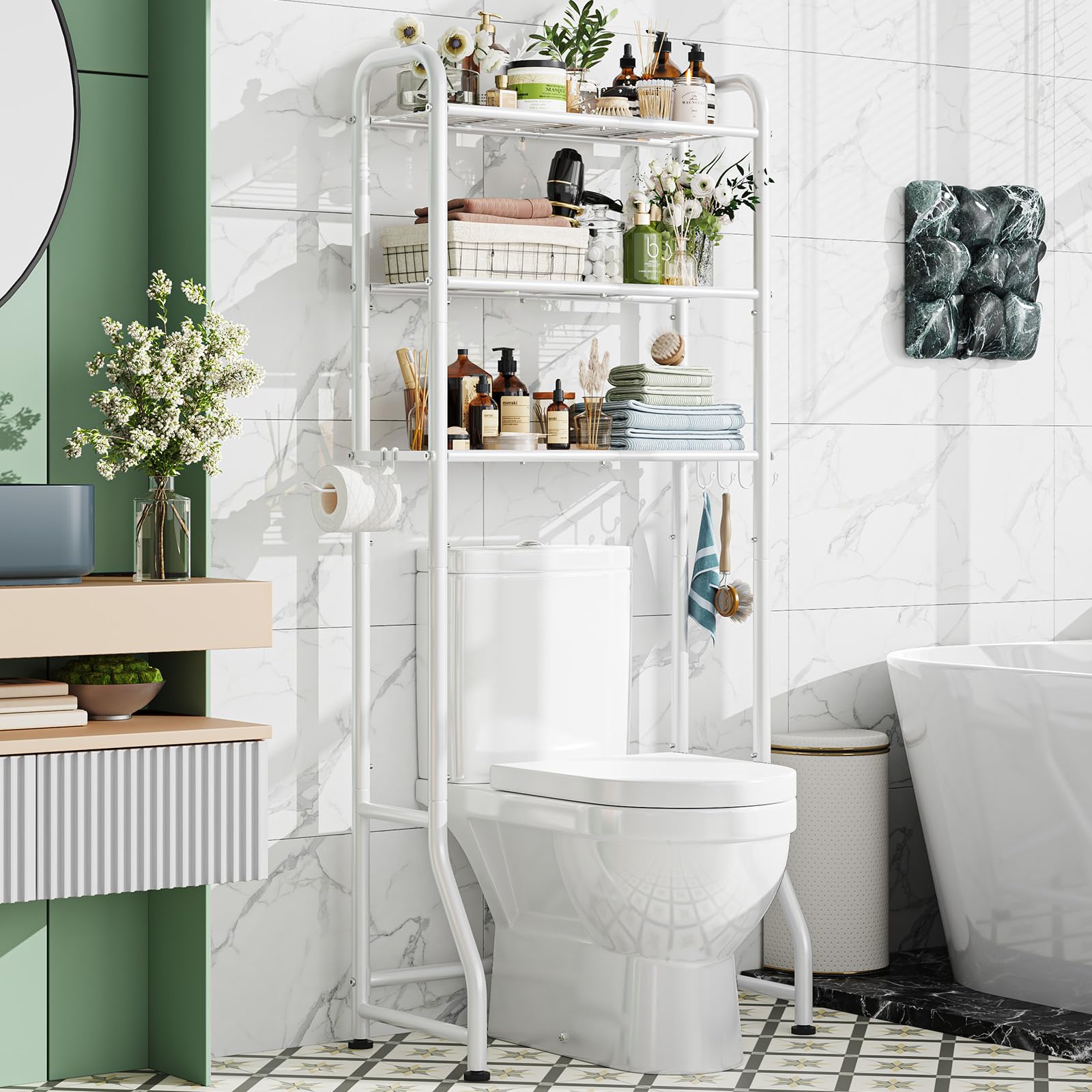 Simple Trending Over The Toilet Storage Rack, Metal 3 Tier Bathroom Organizer Shelf with Paper Holder and 3 Hooks, White