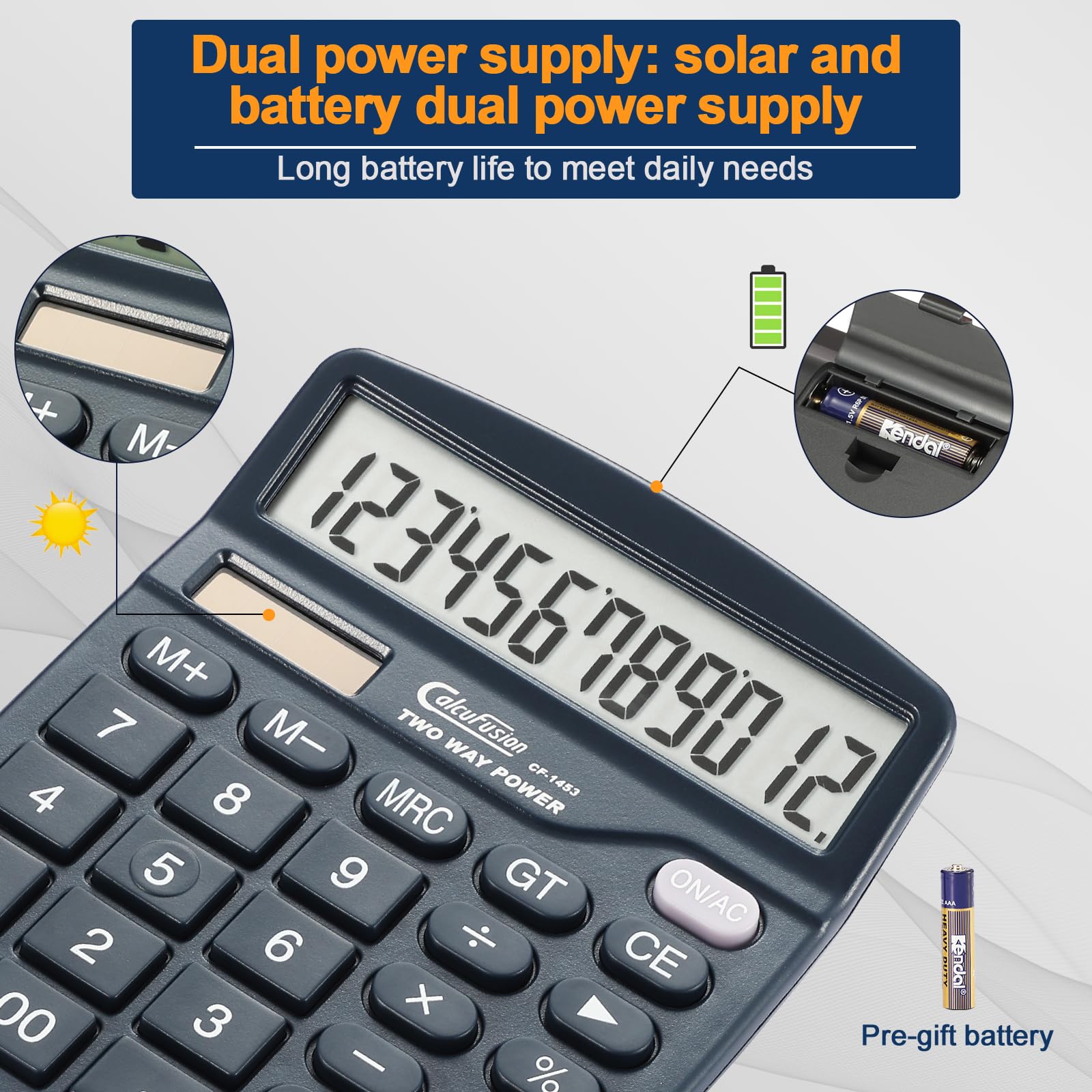 Calculadora de escritorio de 12 dígitos con pantalla grande y botones sensibles, doble potencia, solar y batería, funciones estándar para oficinas, hogar, escuelas, CF-1453