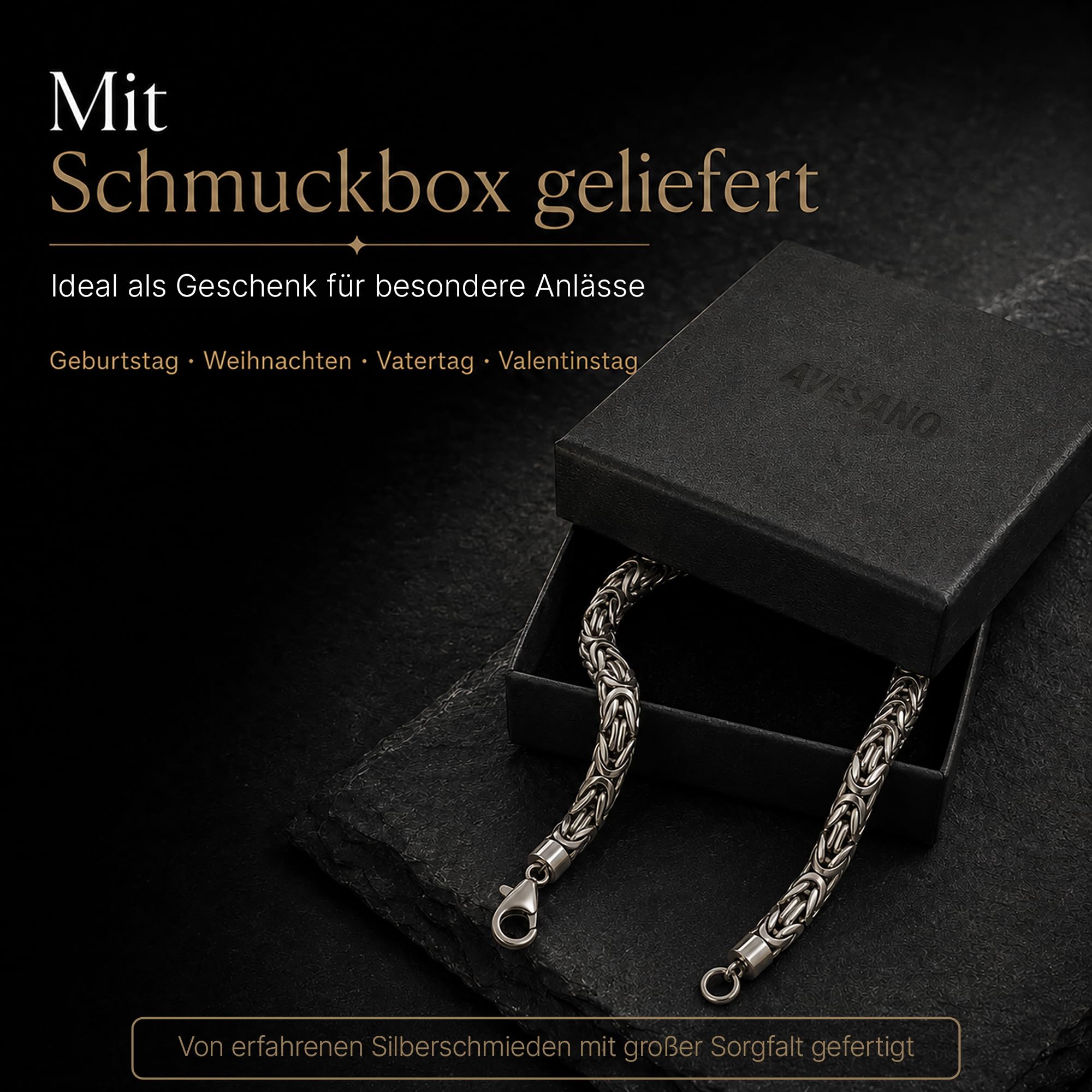 Königskette Armband 925 Silber Herren 6 mm handgefertigt 102094-0 | Massives 925er Sterling Silberarmband mit Schmuck Box Königsketten-Armband in den Längen 19 21 23 cm verfügbar