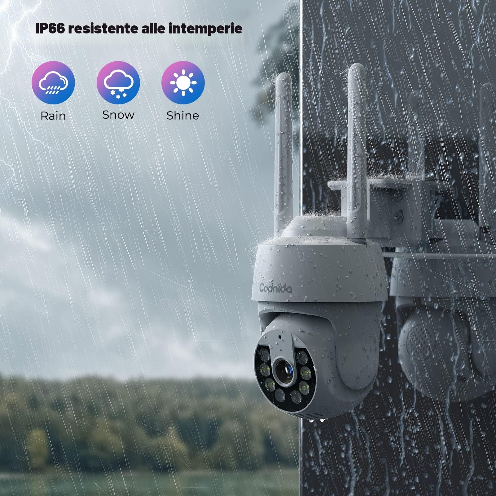 2K Telecamera Wi-Fi Esterno con vista a 360°, Codnida 3MP Videocamera Sorveglianza con fili PTZ Telecamera con Visione Notturna, Tracciamento Automatico del Movimento,Allarme Sonoro e Luminoso