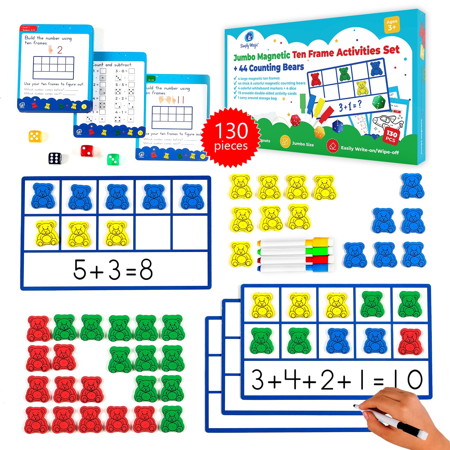 130 PCS Jumbo Magnetic Ten Frames Activity Set with Counting Bears, Math Manipulatives for Kindergarten, PreK, Preschool, Counting Bears Class Set, Math Counters Games for Kids, Homeschool Supplies