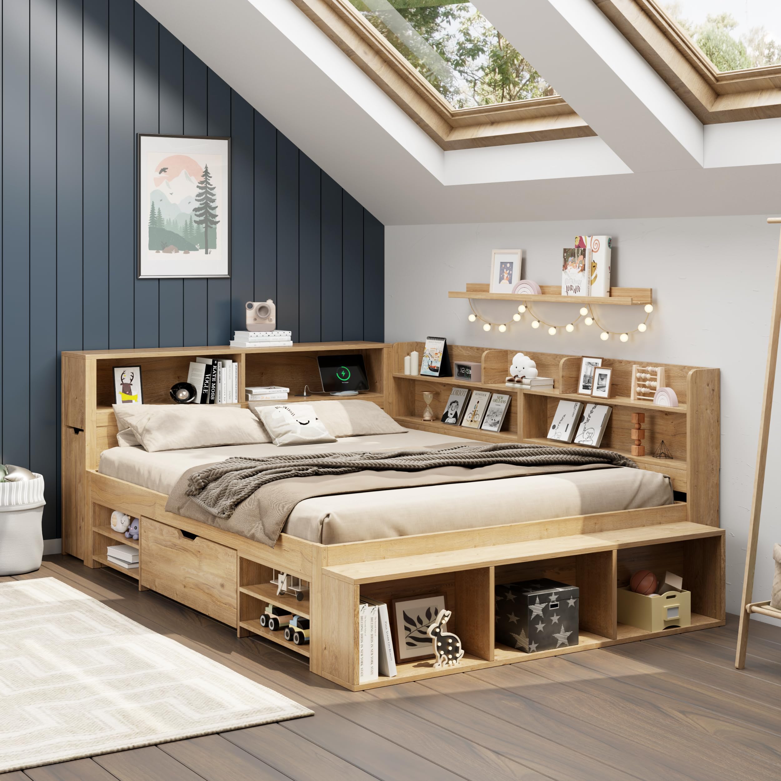 Sapgaks Lit Coffre en Bois Massif 140 x 200 cm,Lit Enfant Simple,Cadre de lit Enfant avec Rangement,Multifonctionnel avec Tables de Chevet, étagères et armoires de Rangement,avec Chargement sans Fil