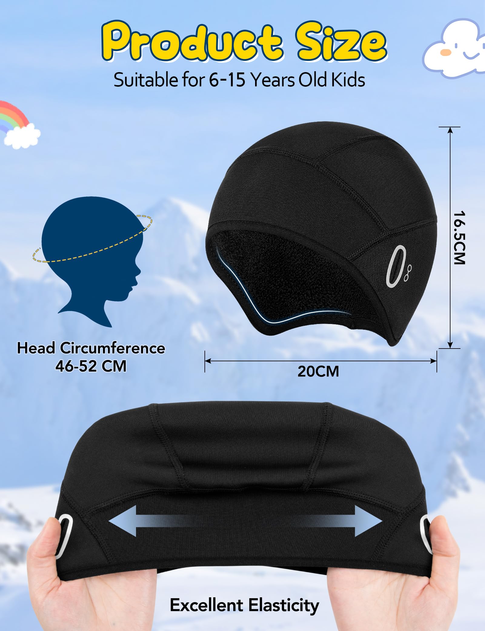 Becellen Czapka na kask dla dzieci, zimowa czapka termiczna na rower, jeden wzór z otworem na okulary, ciepła, wiatroszczelna, czapka sportowa, uniseks, czarna czapka pod kask rowerowy, dla chłopców i