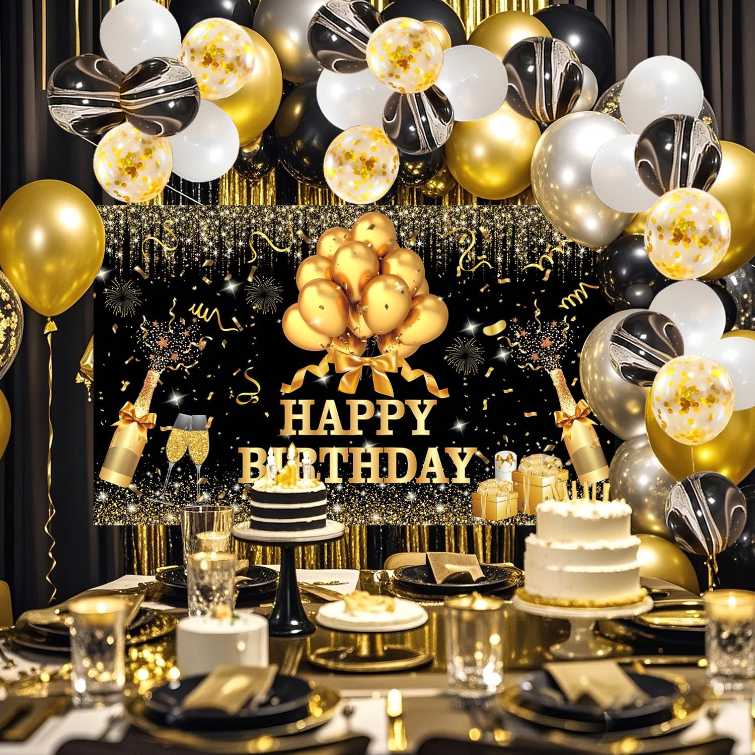 32 PCS Black Gold Birthday Party Decorations, Happy Birthday Balloons Set For Men