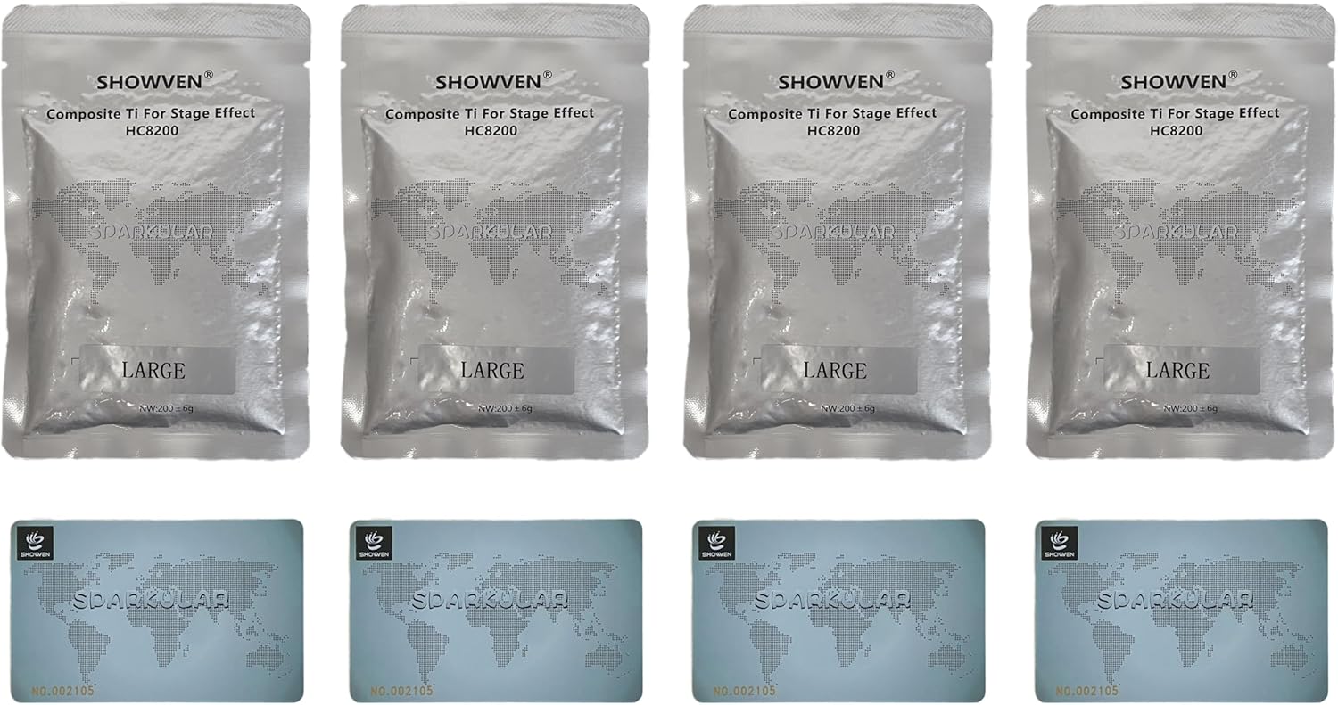 Four silver bags of Showven Sparkular HC8200-L granules labeled 'LARGE' and four blue RFID unlock cards.