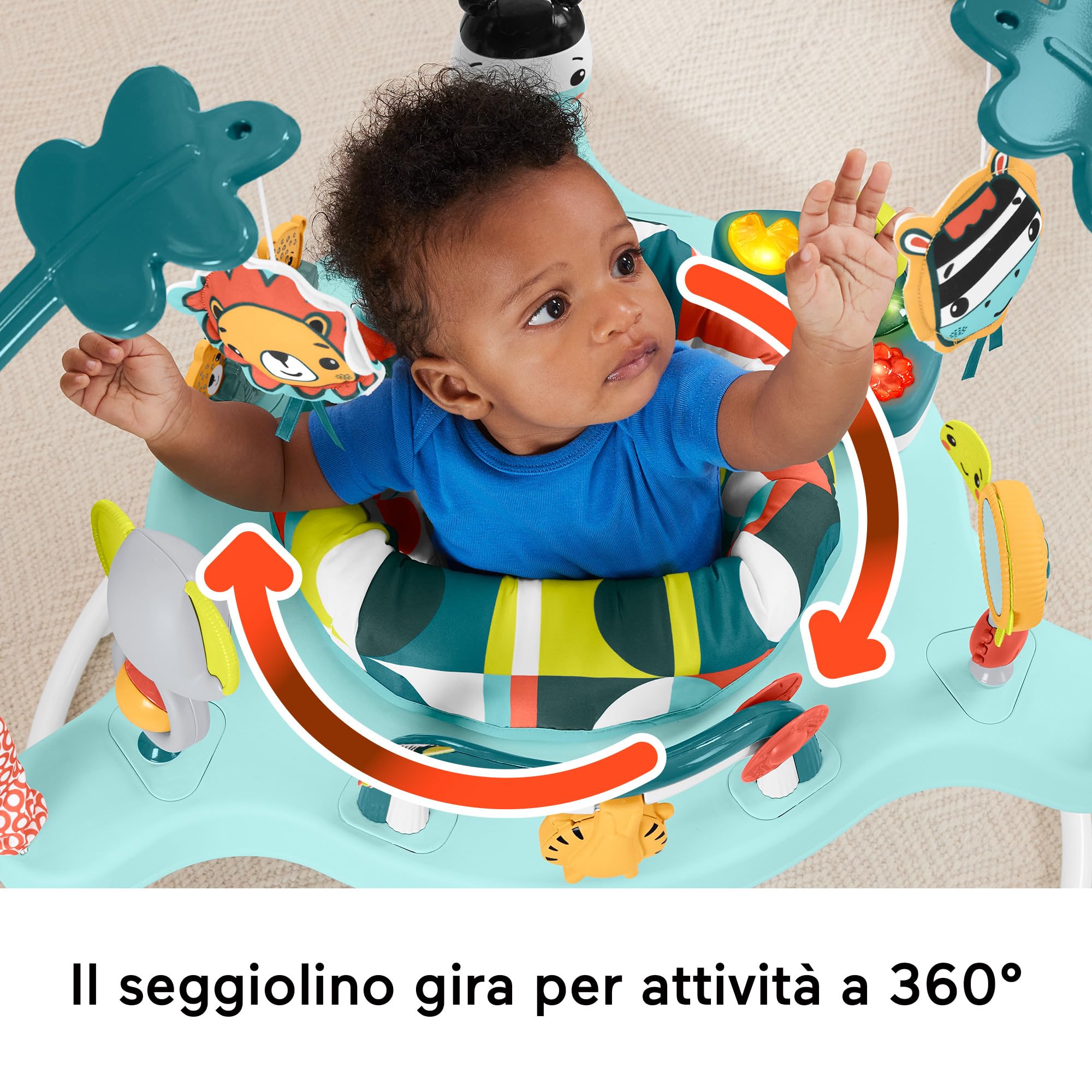 Fisher-Price - Centro Attività Arcobaleno, con luci, 20 minuti di musica e suoni, seggiolino girevole, tanti accessori e amici animali, giocattolo per bambini, 0+ anni, HNX59