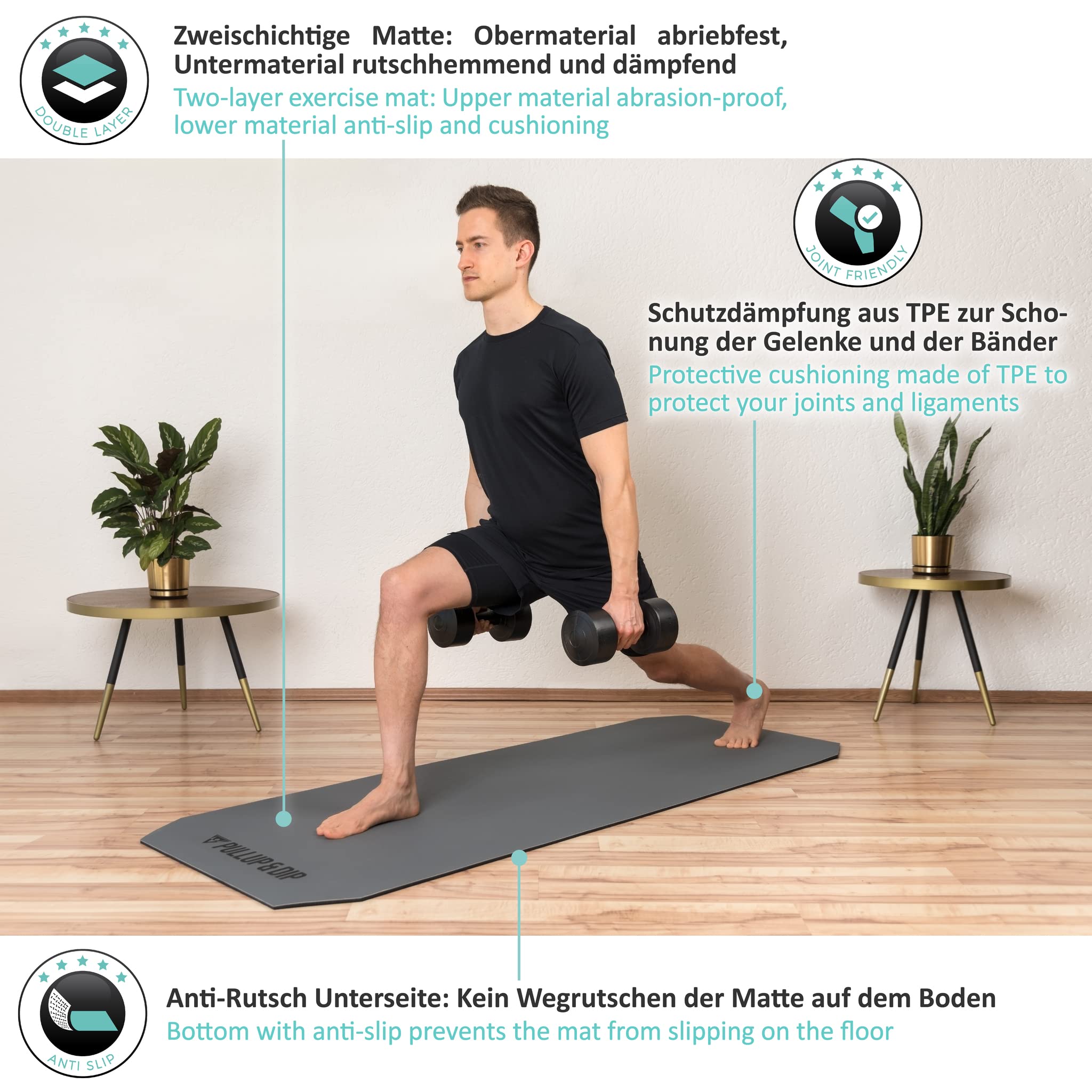 PULLUP & DIP Fitnessmatte mit Halteband – phthalatfreie und hautfreundliche Yogamatte 183 x 68 x 0,8 cm, Zweischichtige Gymnastikmatte rutschfest und gelenkschonend für Pilates, Heimtraining