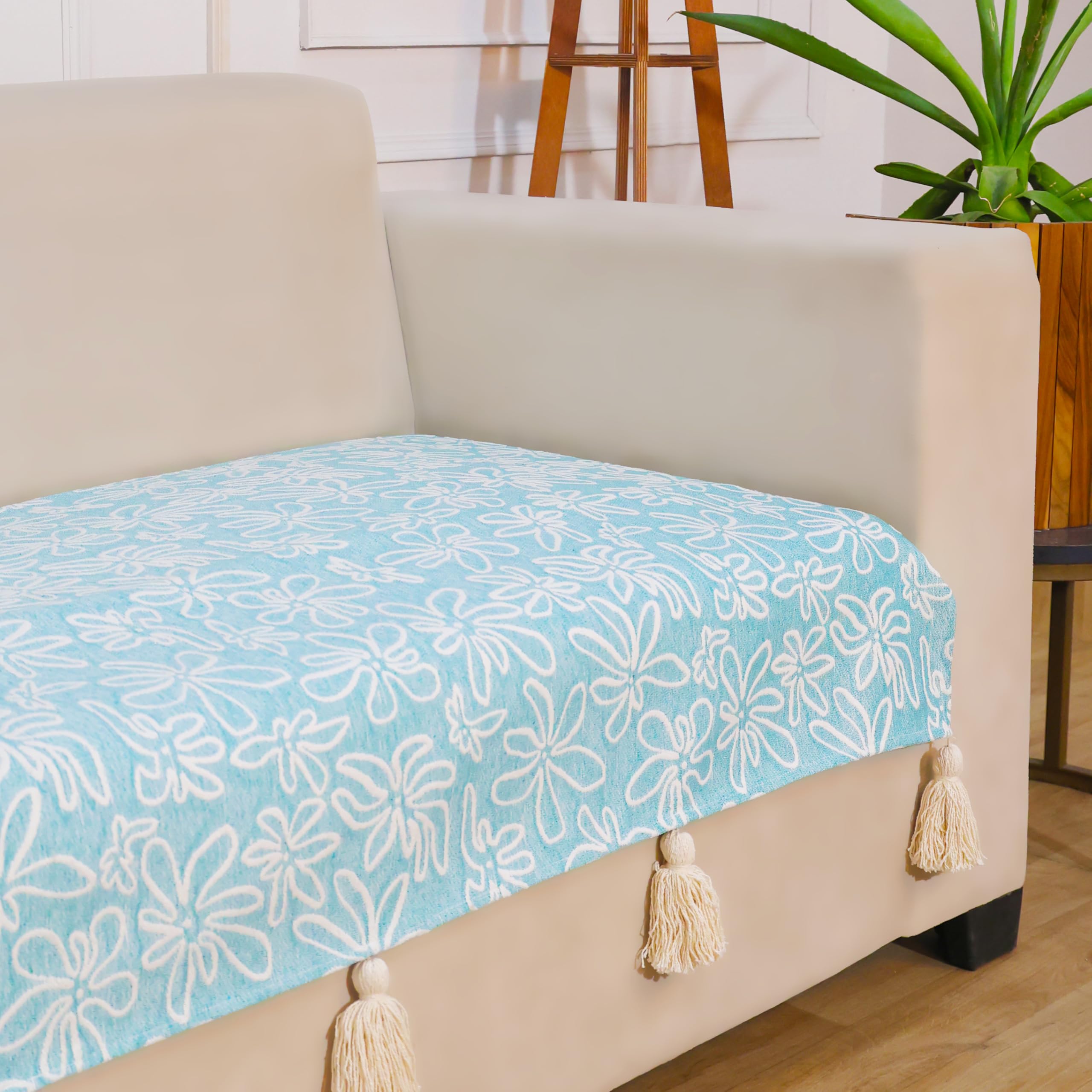 STITCHNEST 'Verdant Phool Stories' 3 Seater Sofa Cover| Elegant Jacquard Fabric, Decorative Tassels, Washable & Durable for Modern Living