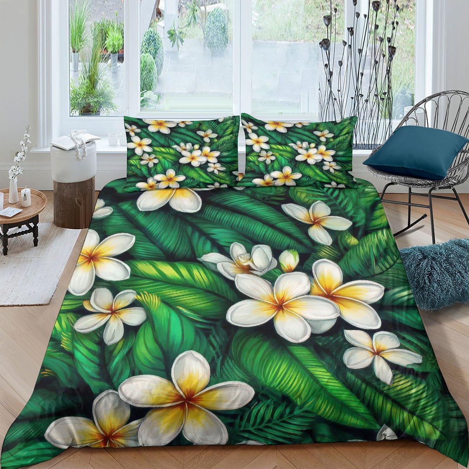 Ctjqhvkz Style-7 3D Printed Tropical Plumeria Fitted Sheet Microfiber Soft Non Slip Green Leaf Mattress Cover For Bedroom Guestroom Decor Single（135X200cm）