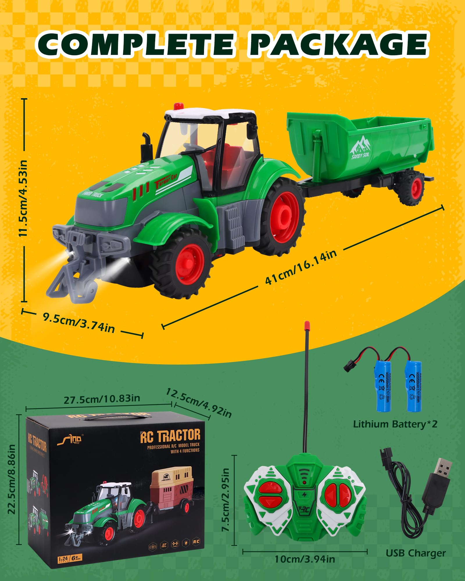 Tractor de control remoto, escala 1/24 con remolque volquete, juguete de vehículo agrícola RC recargable con luz y sonido para niños, regalo ideal de cumpleaños de Navidad para niños y niñas 8