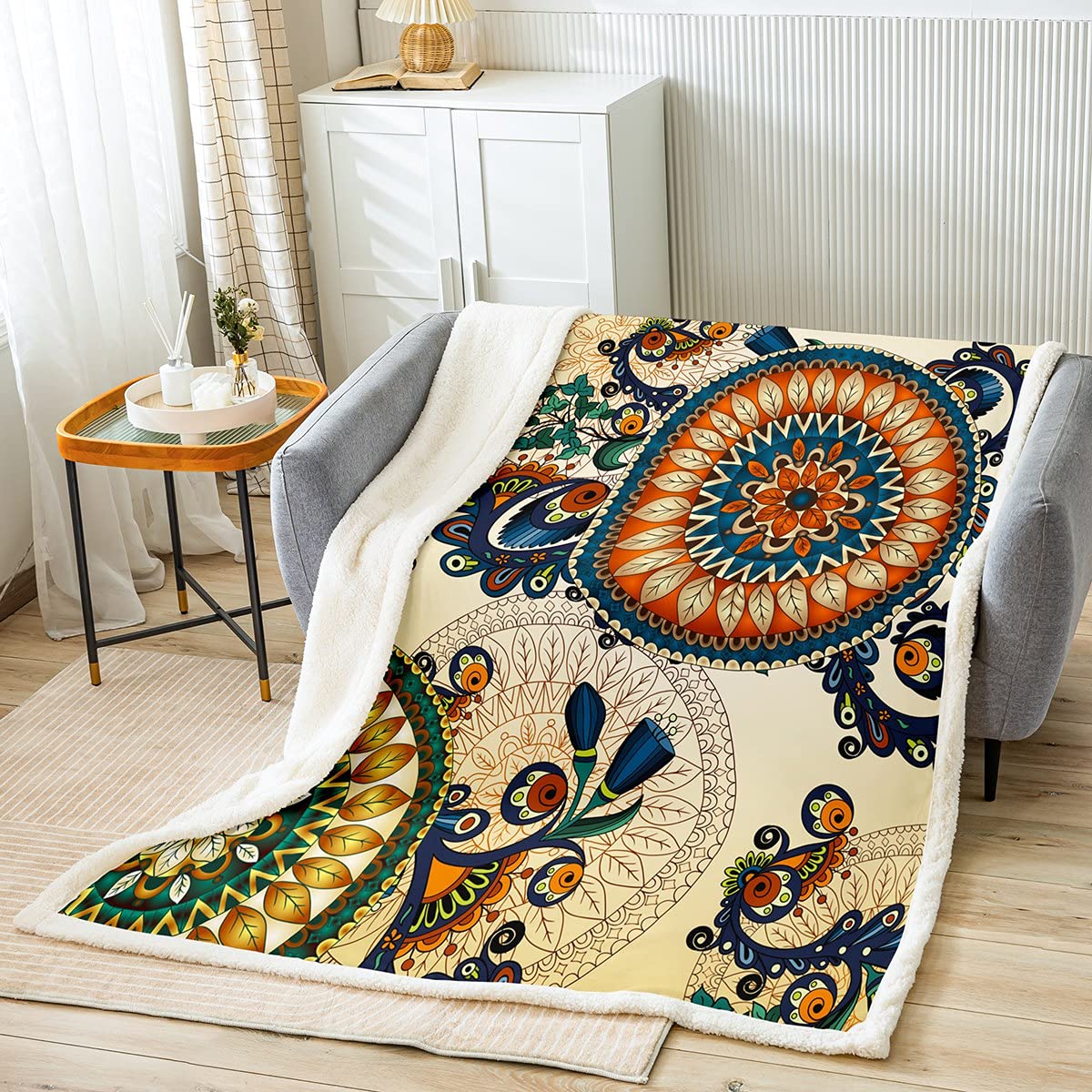 Boho Style Mandala Fleece Throw Blanket Ethnic Flowers Sherpa Blanket for Kids Boys Girls Bohemian Fuzzy Blanket for Sofa Bed Tribe Retro,Single 50x60 Inch