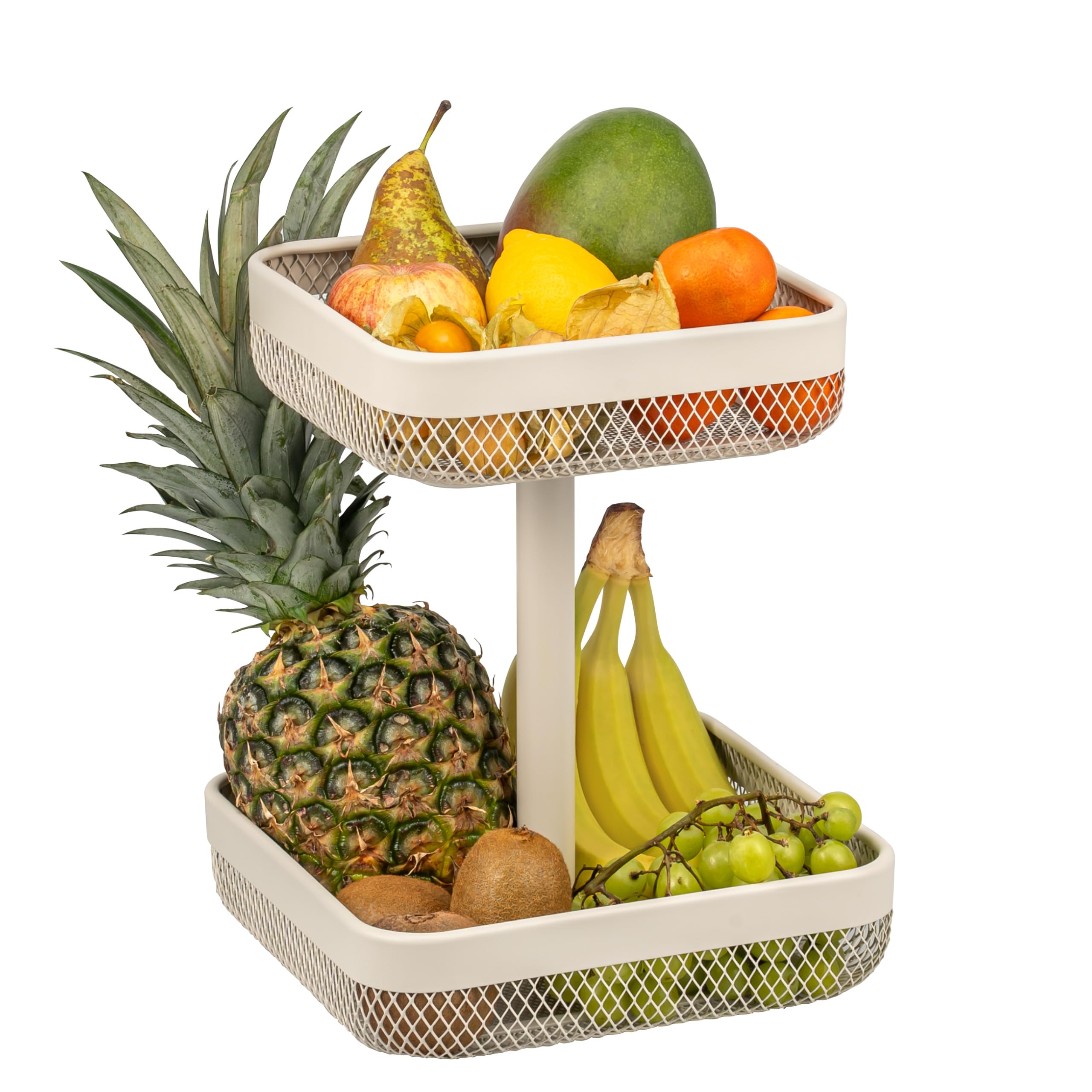 eluno 2-stöckige eckige Obstetagere/ Brotkorb, Körbe mit 20 x 20 cm und 25 x 25 cm, Obstkorb für die Lagerung von Obst, Gemüse, Brot, Gewürzen und Snacks in Küche und Wohnzimmer, aus Metall (Beige)