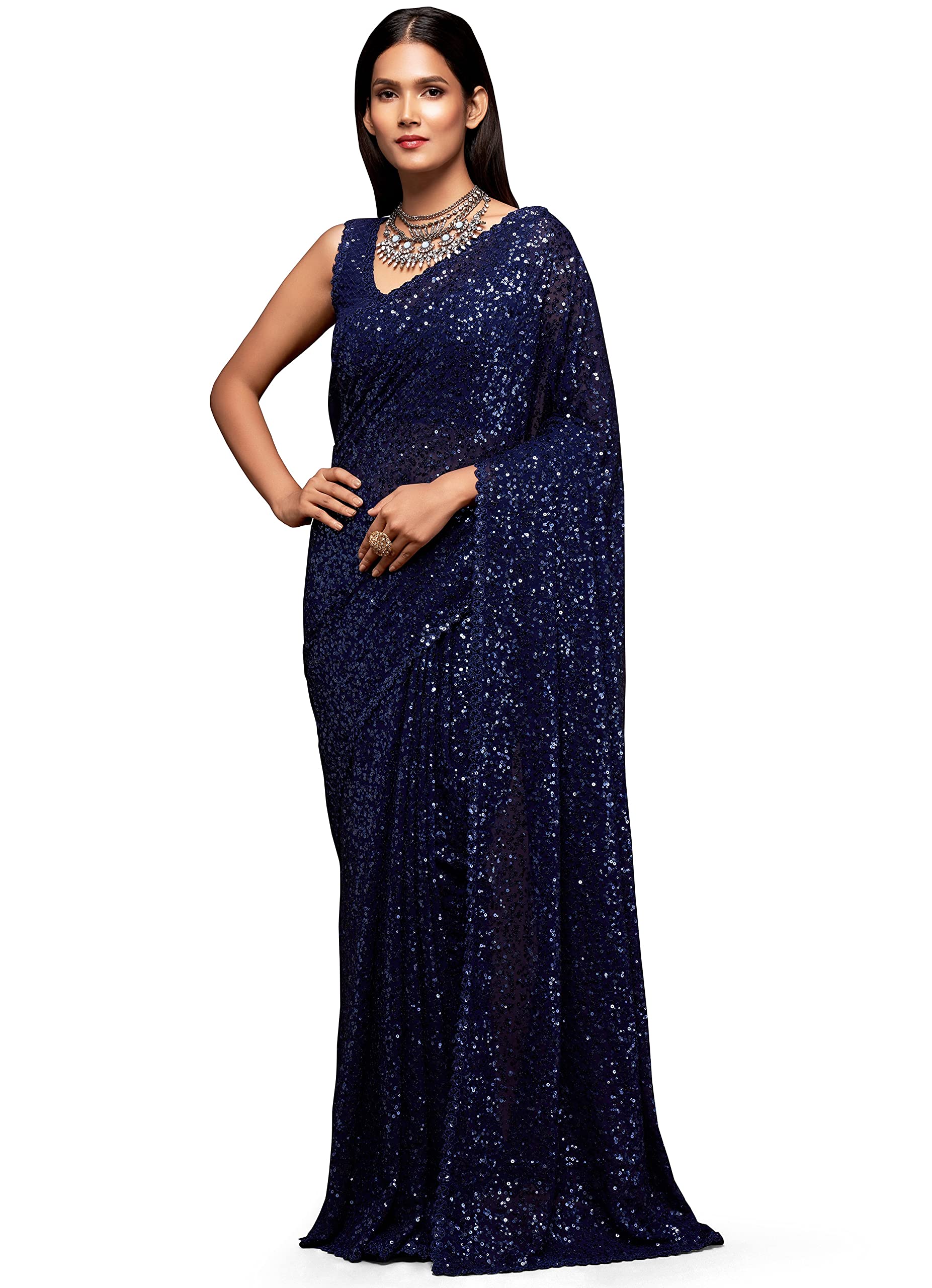 Zeel Clothing Women's Sequins Work Heavy Georgette Saree with Blouse (Latest-Sequins-Party-Saree, Free, Many Colors)