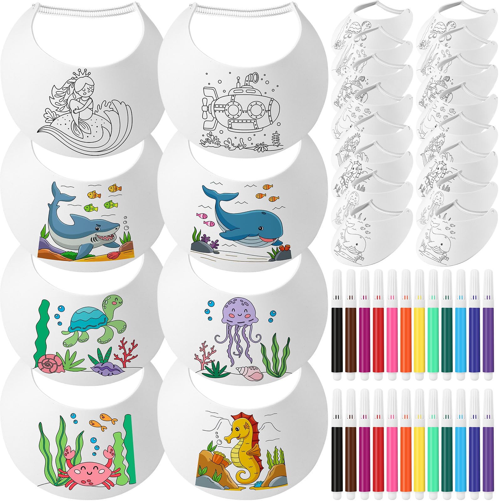 Feifeiya 24 Sets Foam Visors, Color Your Own Foam Visors with Pens DIY Coil Visor Summer DIY Crafts(Sea Animal)
