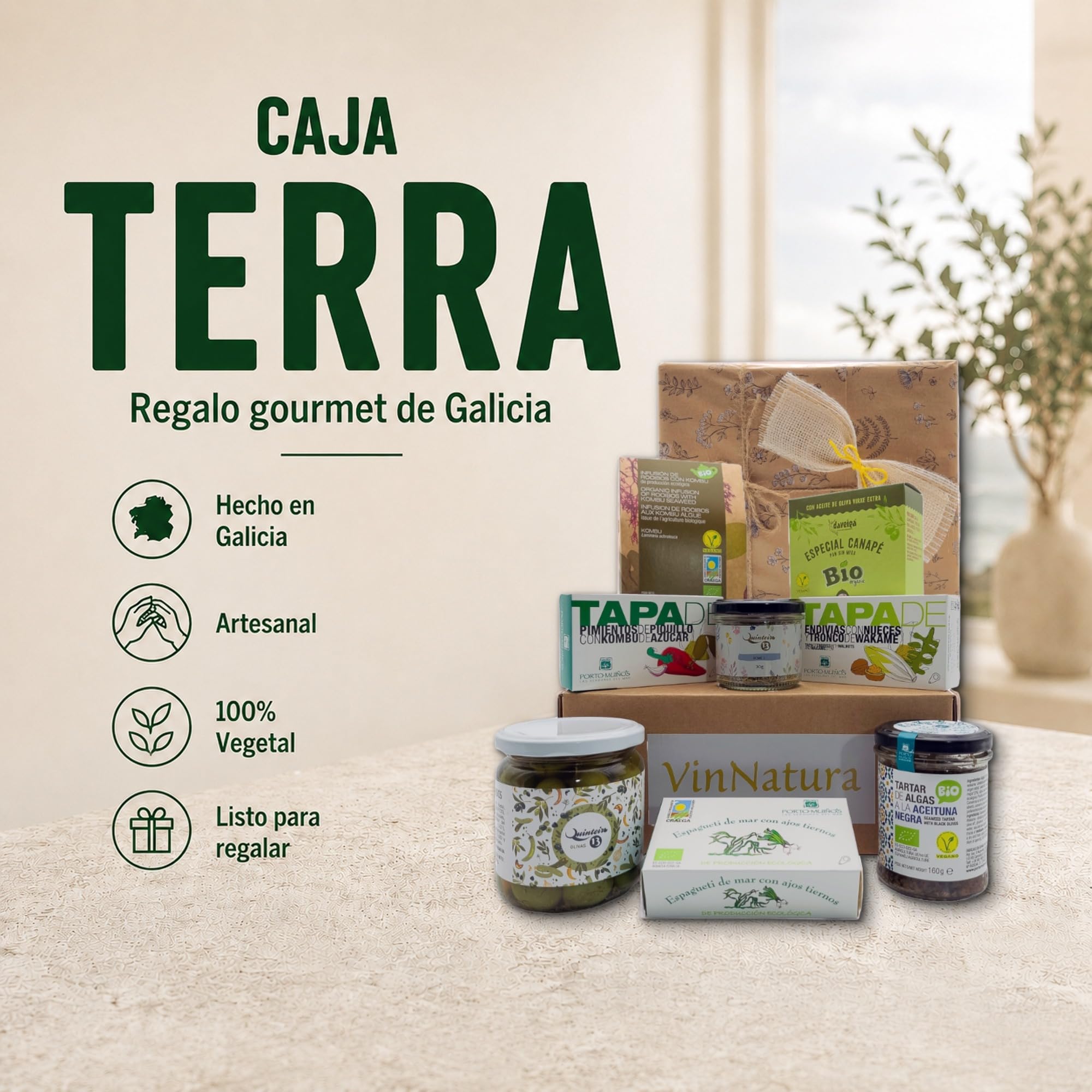 Caja Regalo Vegana Terra de VinNatura con Algas ecológicas de Galicia | Cesta gourmet vegana, regalos de empresa inclusivos, celebraciones, selección vegetal, tarjeta personalizable