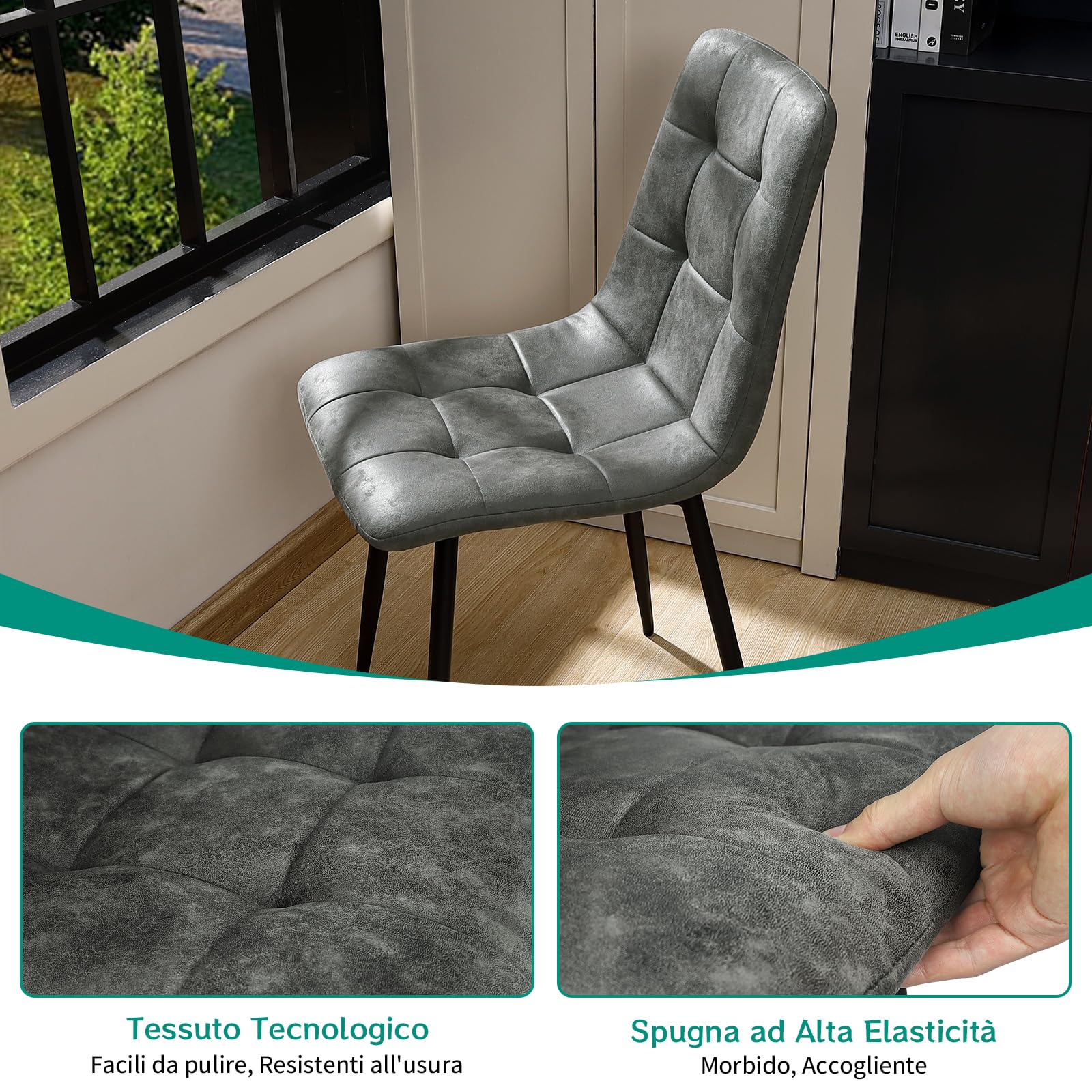 JIJIAN Set di 4 Sedie Sala da Pranzo, Sedie da Cucina in Tessuto Tecnologico, Sedie imbottite per Soggiorno con Gambe in Metallo Nero, Adatte per Sala da Pranzo, Sala d'attesa, Grigio Scuro