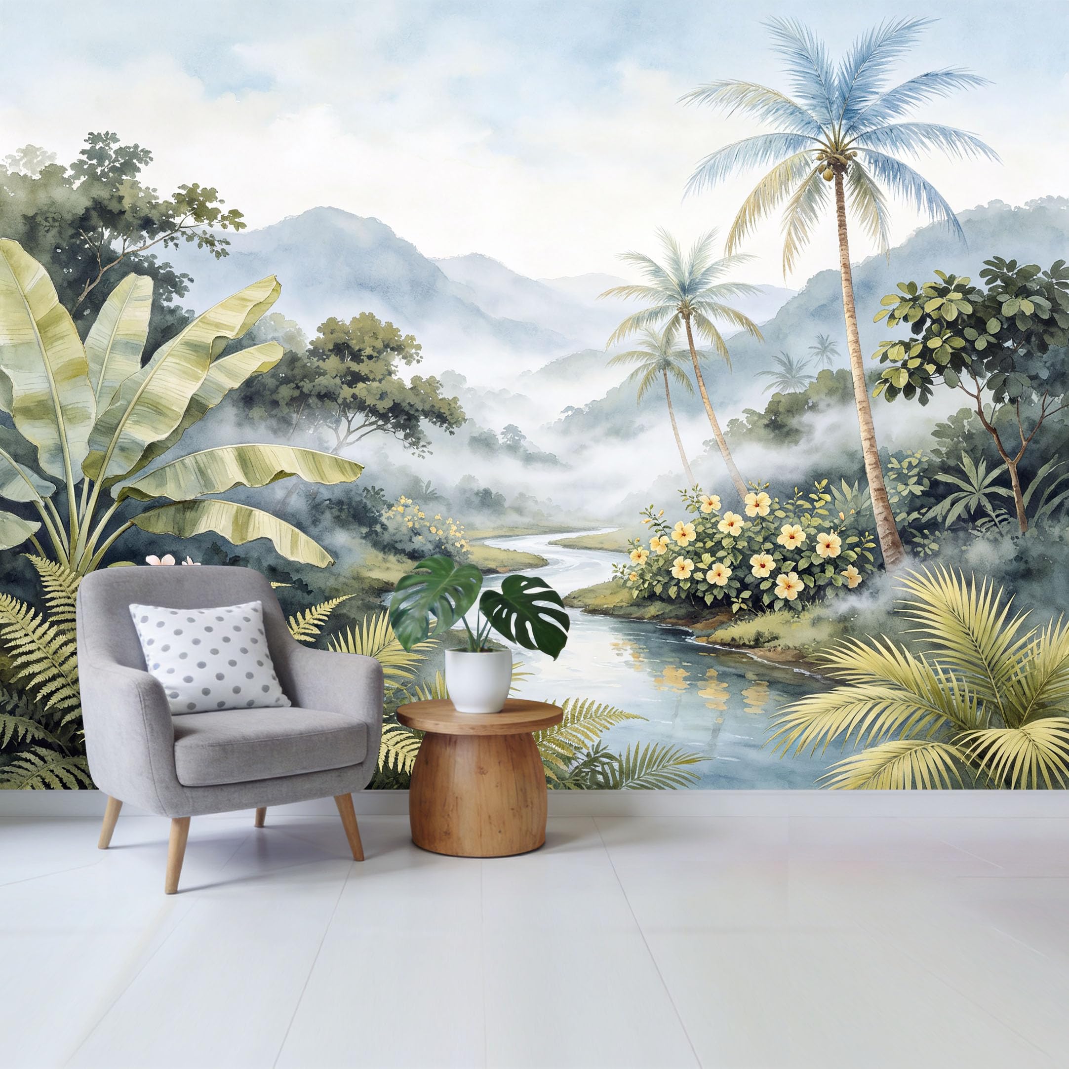 Custom Size Wall Mural Tropical Rainforest River Landscape Watercolor Botanical Removable Self Adhesive Fabric Home Wall Decor for Living Room Bedroom Bathroom