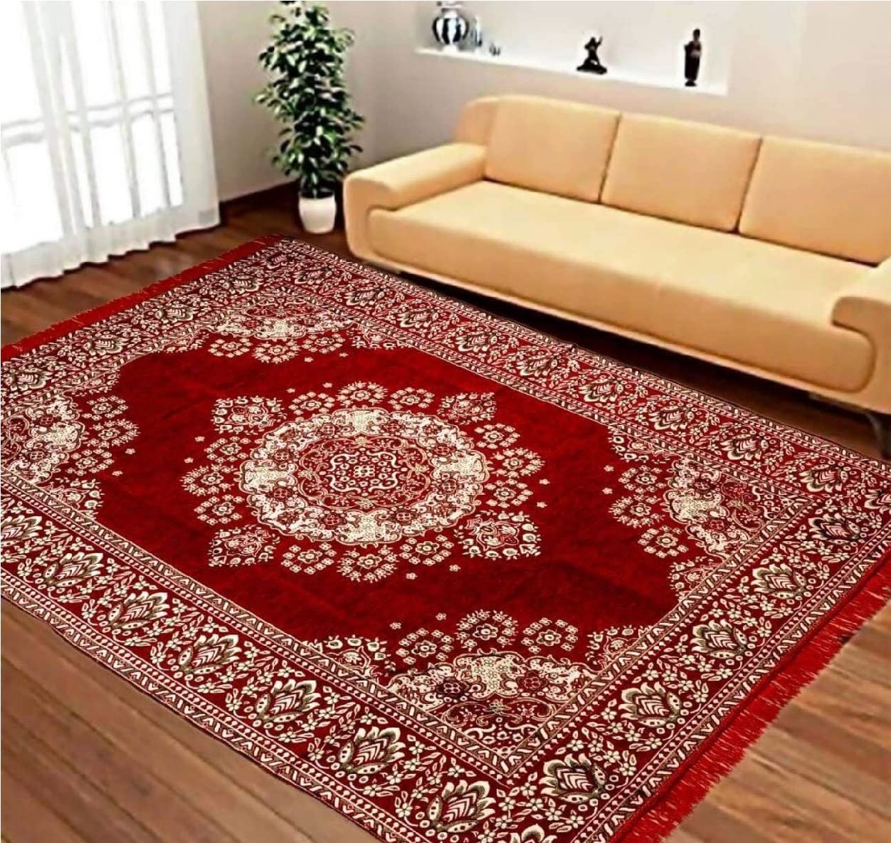 P&T Bring Home Vintage Persian Design Jacquard Weaved Foldable Chenille Multipurpose Rectangular Living Room Carpet, Area Rug, Dhurrie- (Red, 4 X 6)