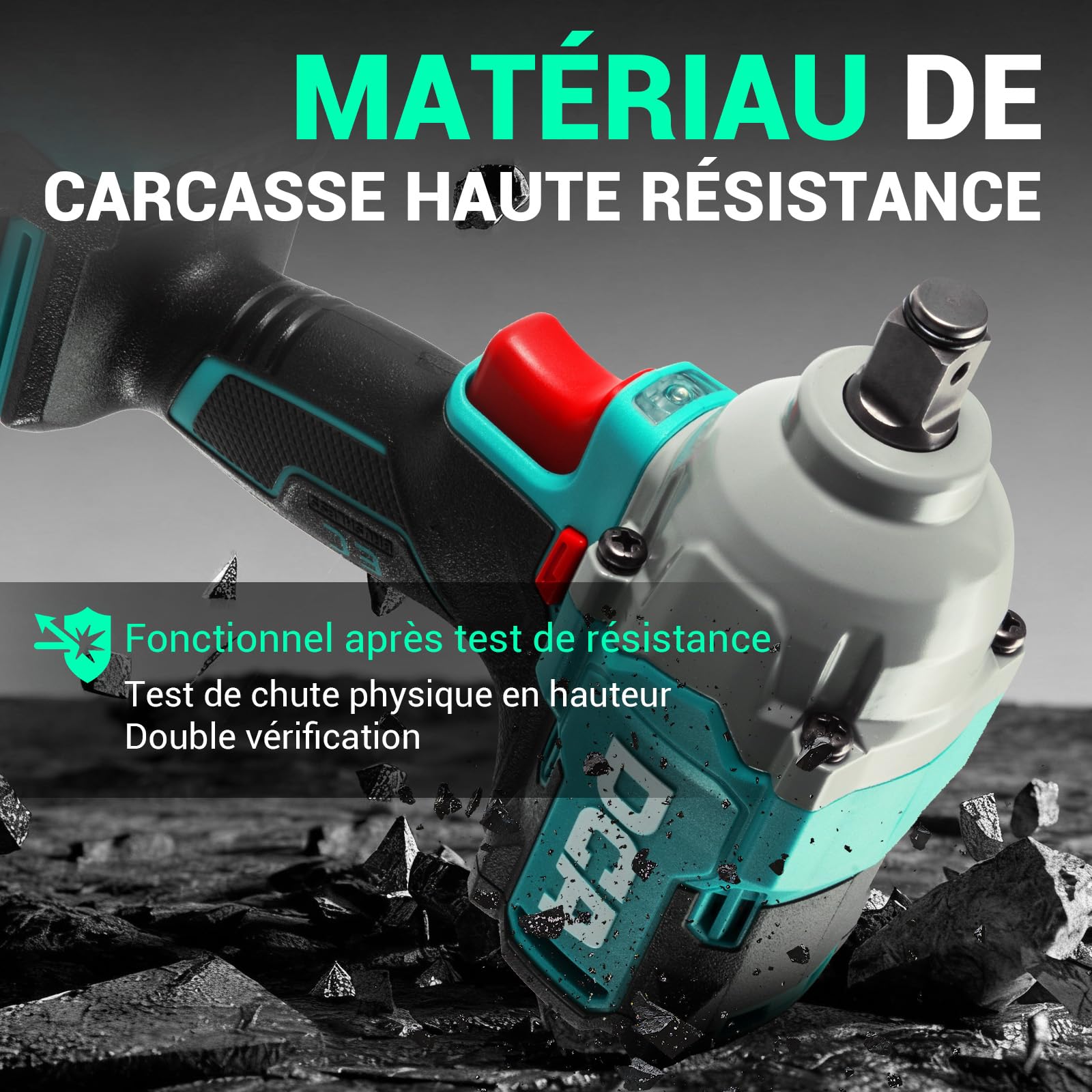 DCA Clé à chocs sans fil 20V Brushless, 682 Nm de couple max, enclume à anneau 13 mm, 2* batterie Li-ion 4000 mAh, 4 modes, lampe LED, design compact, fonction Smart Loosen ADPB520