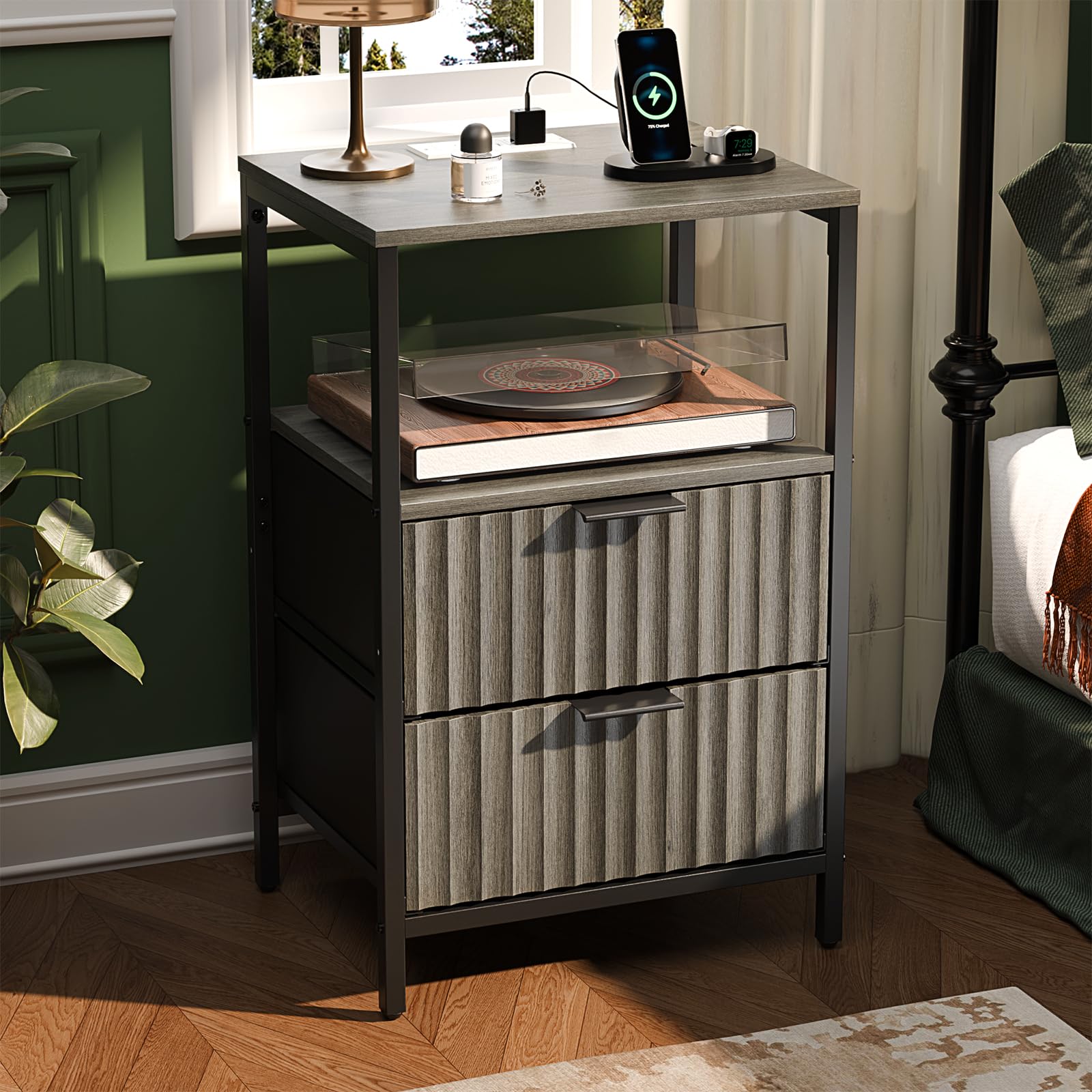 Bonnlo Bedside Table with Charging Station, Grille Nightstand with USB, Type-C and Plug, Small End Tables with 1 Shelf, 2 Fabric Drawers and Cabinet,38×30×60cm Bedside Cabinet (1pc, Grey Oak) — image 1