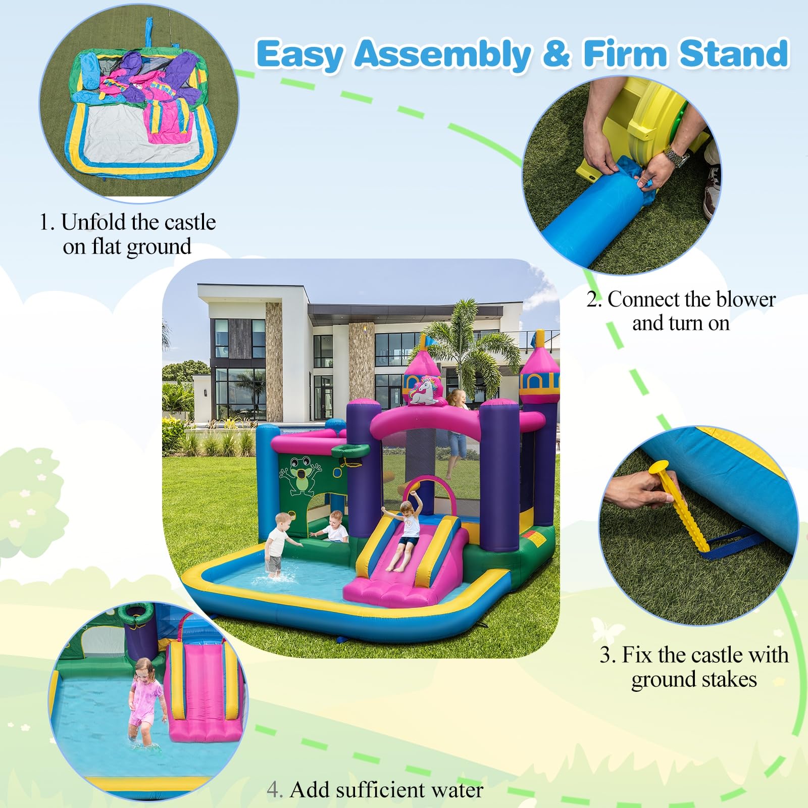 LIFEZEAL Château gonflable, parc aquatique avec 2 toboggans, mur d'escalade, étang, parc gonflable avec zone de saut pour enfants à partir de 3 ans, pour intérieur et extérieur (sans souffleur