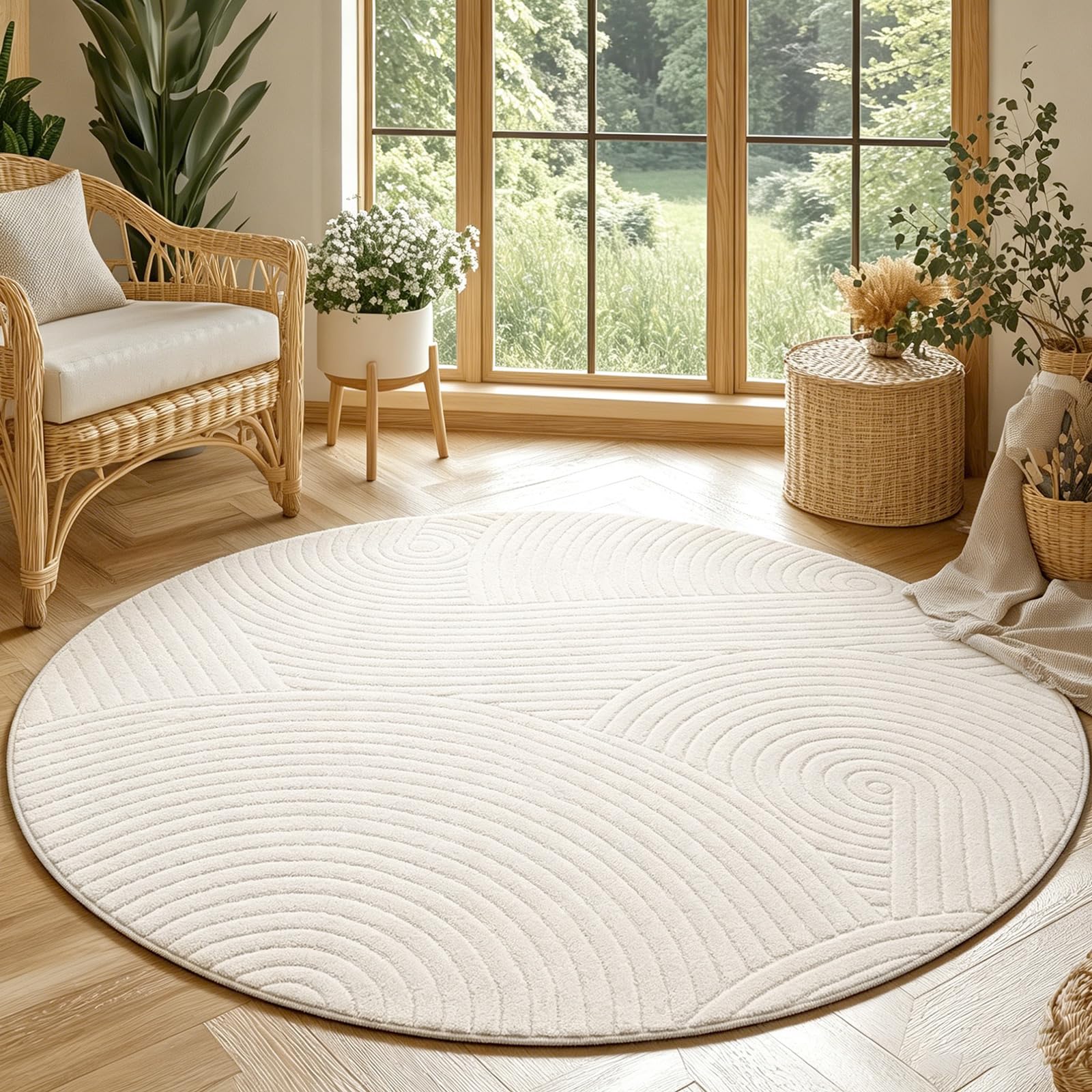 SHACOS Rugs for Living Room 200 cm Round, Soft Short Pile Modern Geometric Beige Area Rug, Machine Washable Non-Slip Cream Carpet for Bedroom Dining Room — image 1